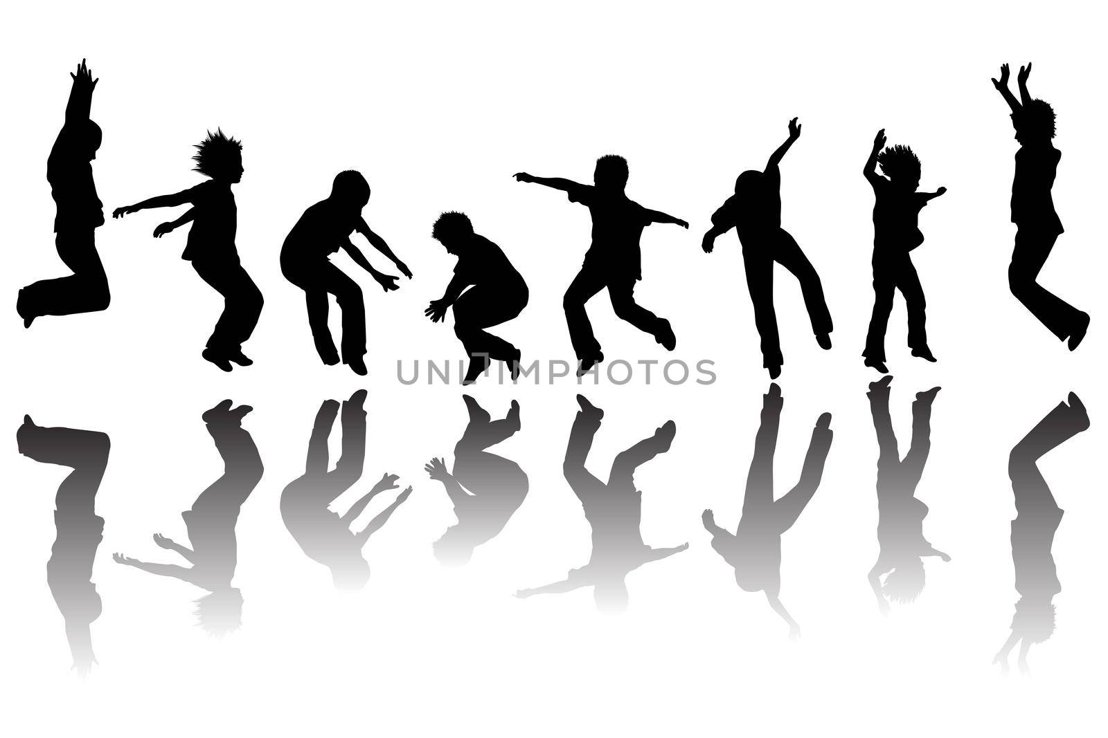 Silhouettes of kids jumping isolated on white background with shadows by hibrida13