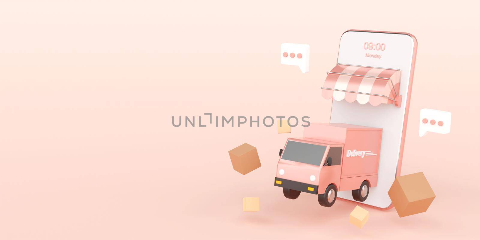 E-commerce concept, Delivery service on mobile application, Transportation delivery by truck, 3d rendering by nutzchotwarut