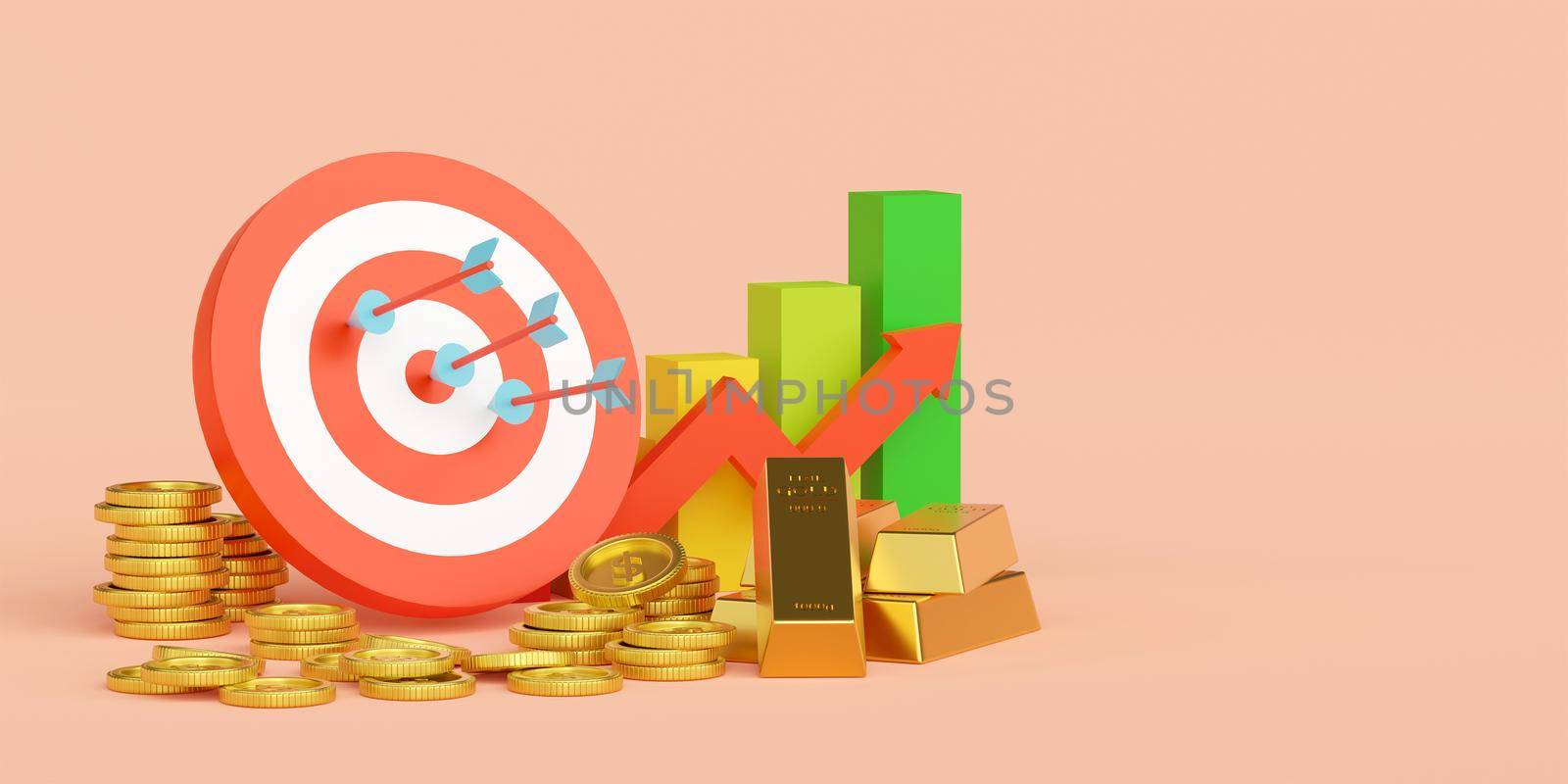 Financial goals with dollars, gold and bullish charts, 3d illustration