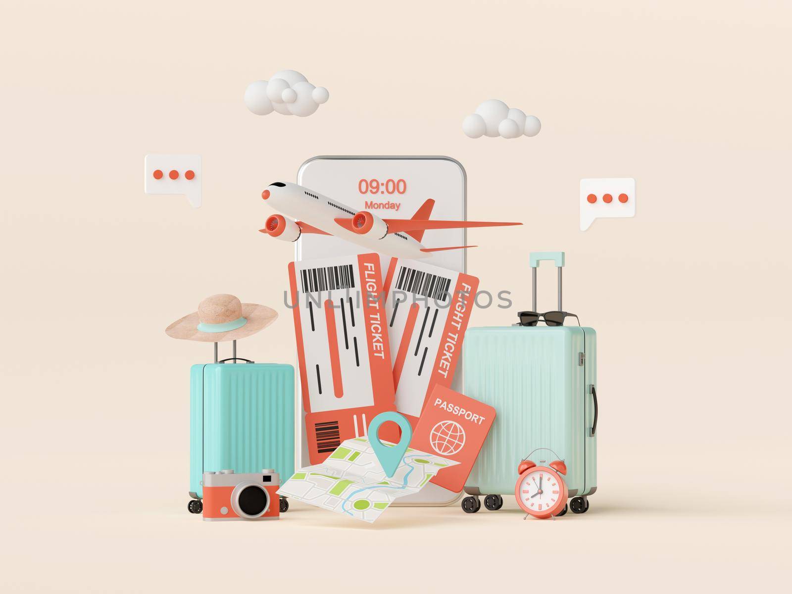 Flight booking, buy ticket or checkin application on smartphone, 3d illustration by nutzchotwarut
