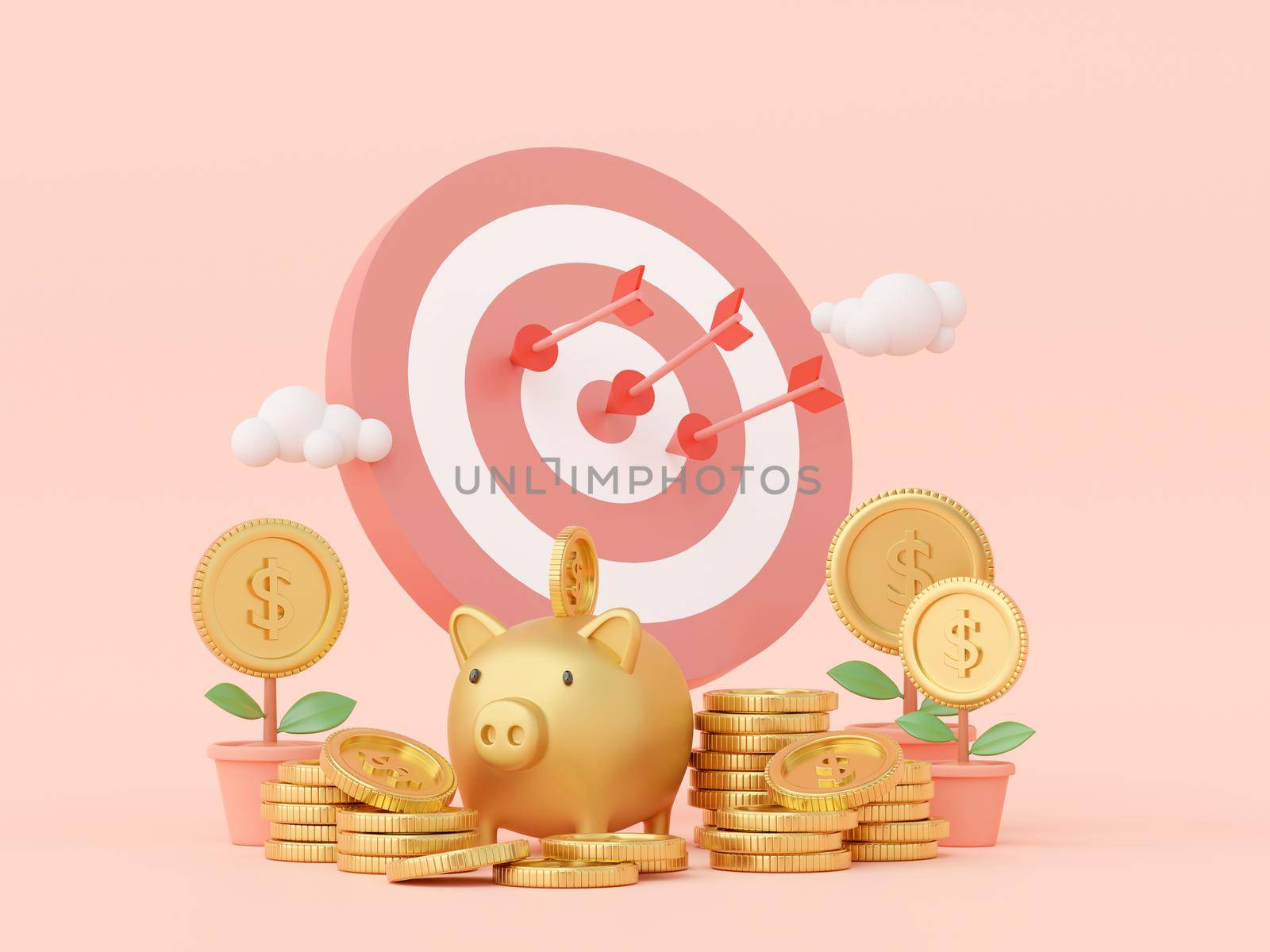 Targeting with saving money concept, Piggy bank with dollar coin, 3d rendering by nutzchotwarut