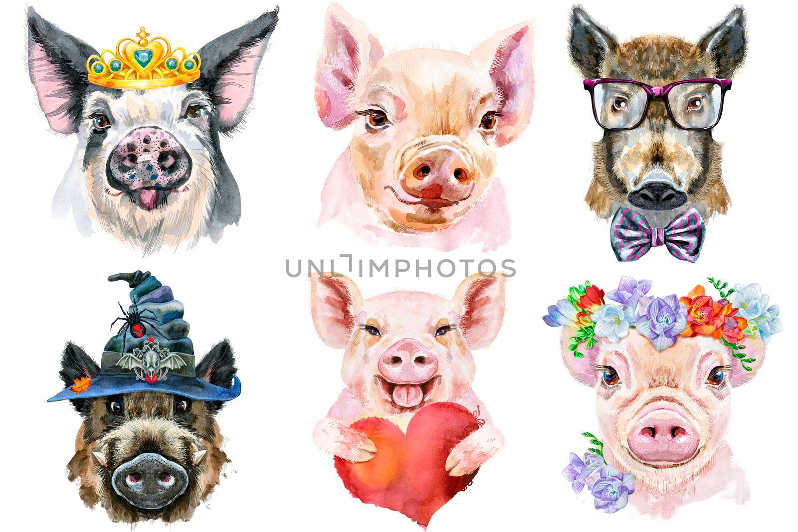 Watercolor illustration of pigs in wreath of peonies, glasses, witch hat, golden crown, with red heart