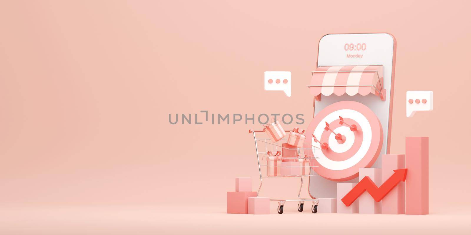 Shopping online on smartphone with targeting uptrend graph, 3d illustration
