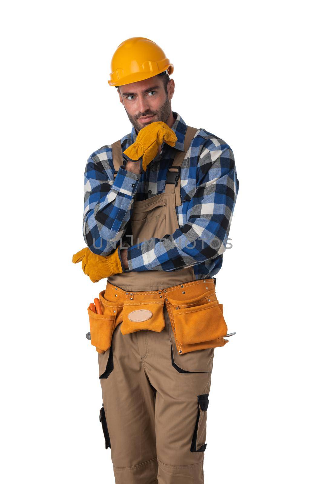 Construction worker carpenter thinking isolated on white background