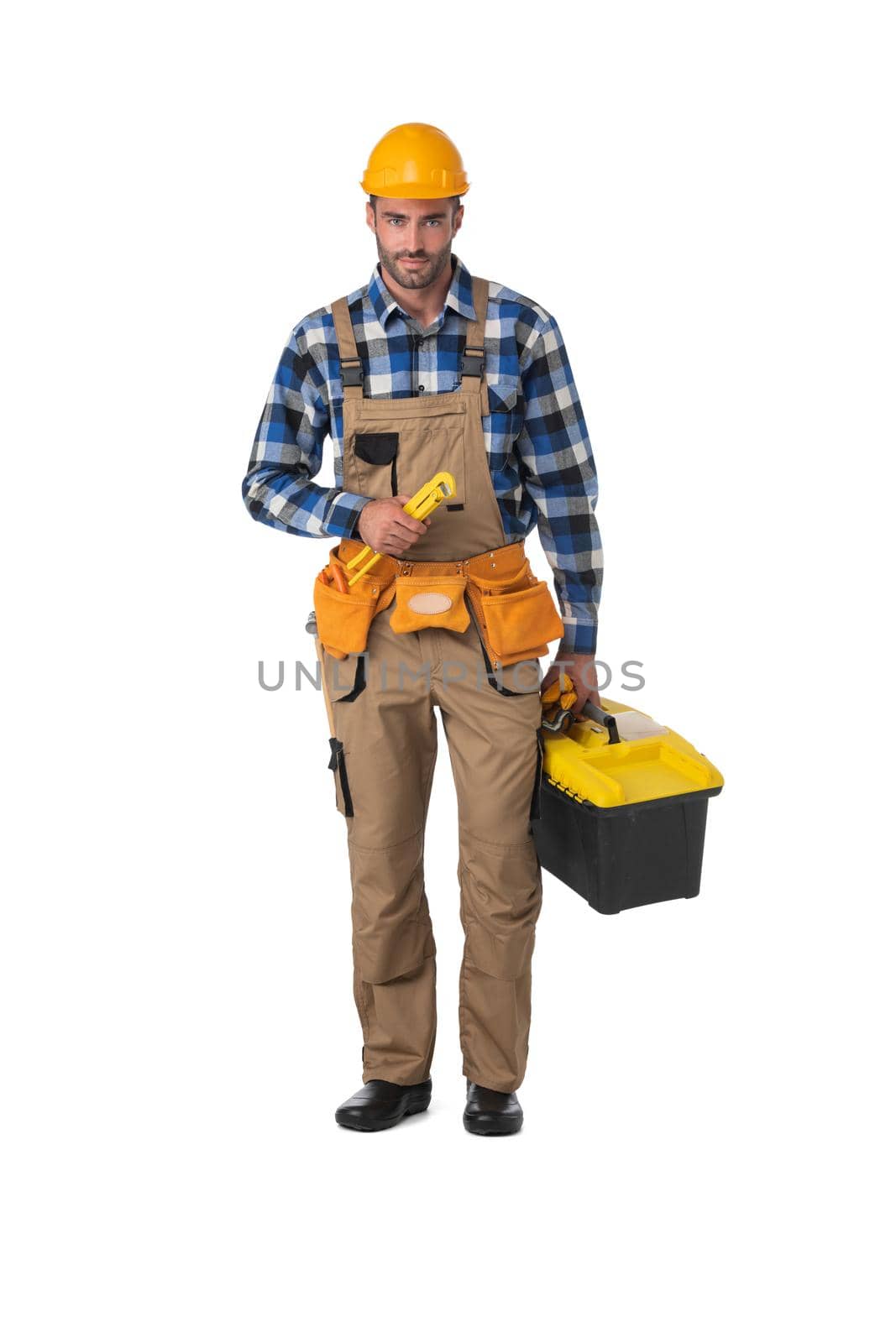 Handsome carpenter with tool box isolated on white background