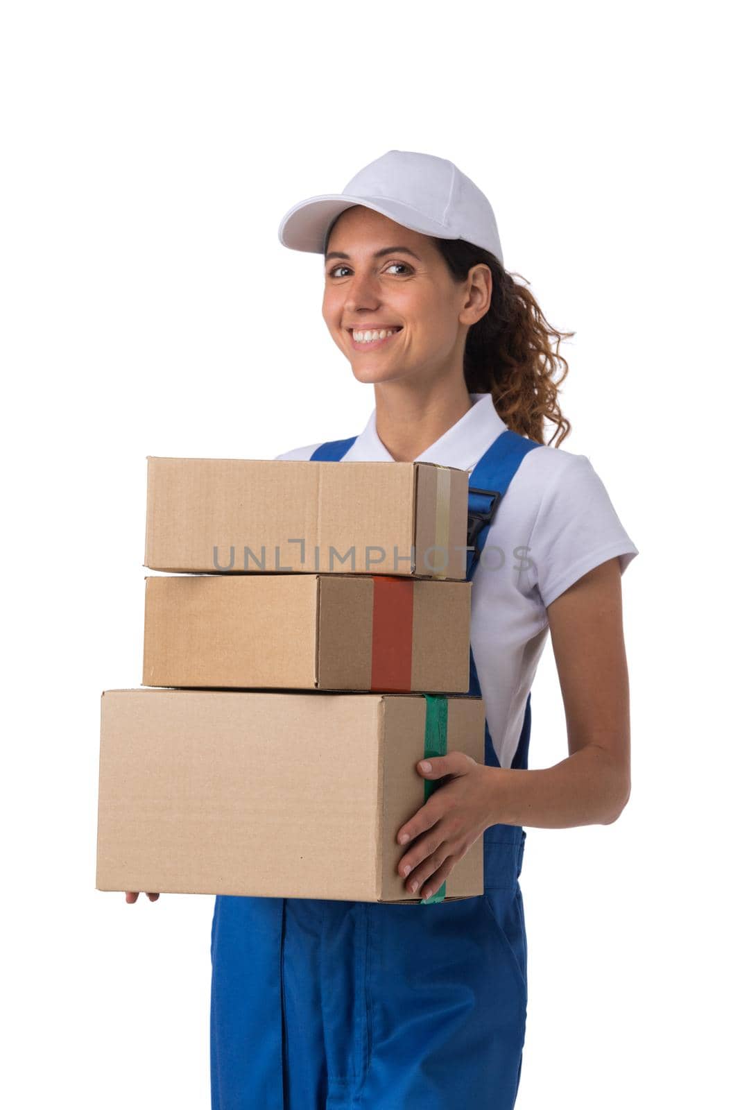 Delivery woman with packed boxes isolated on white