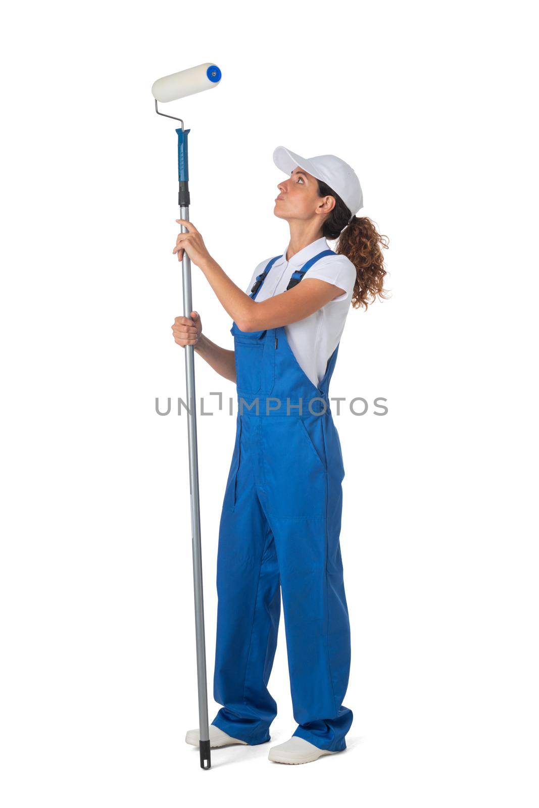 Female house painter with paint roller tool isolated on white background