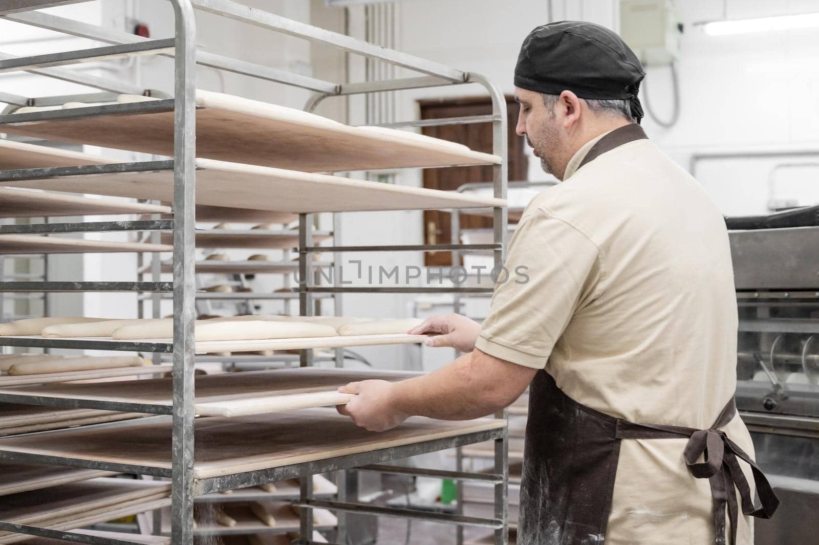 Baker working at industrial bakery preparing trays with fresh loaf. by HERRAEZ