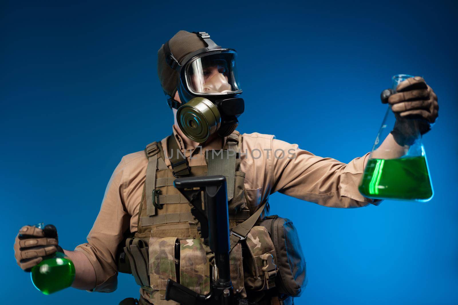 a man in military clothes and a gas mask with laboratory chemical flasks by Rotozey