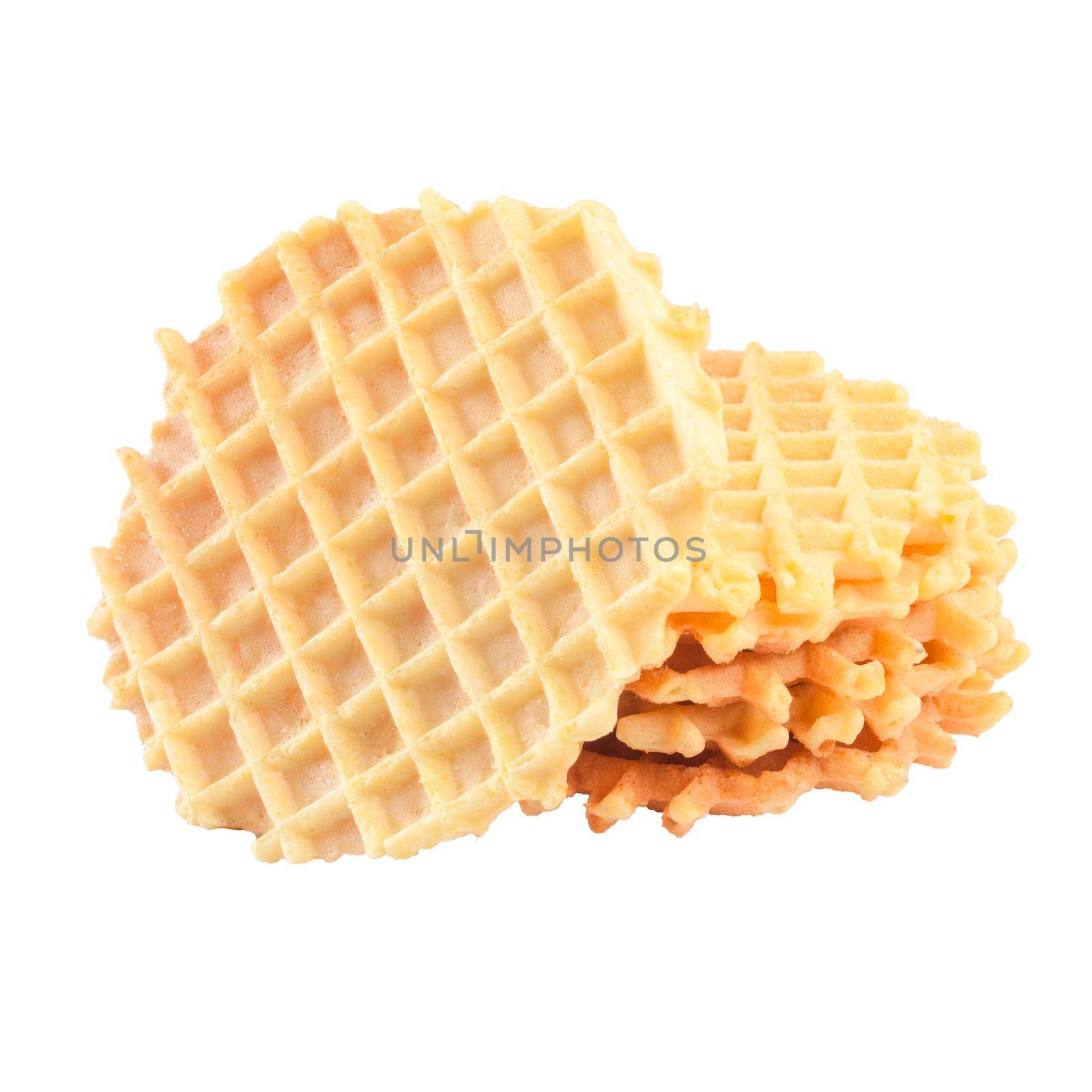 Stack of golden round waffles isolated on white background. Popular dessert pastry