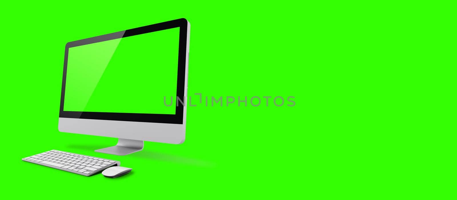 Mockup image of White desktop pc with blank green  screen on green background. suitable for your design element.