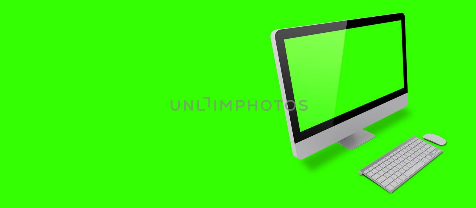 Mockup image of White desktop pc with blank green  screen on green background. suitable for your design element.