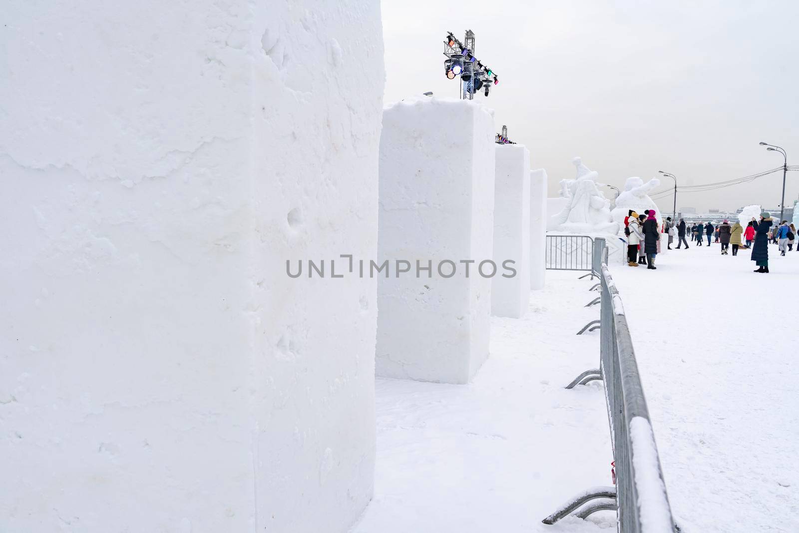 Moscow, Russia, 29.01.2022 large snow cubes for the work of a snow sculptor at the festival of sculptures made of snow and ice in Gorky Park