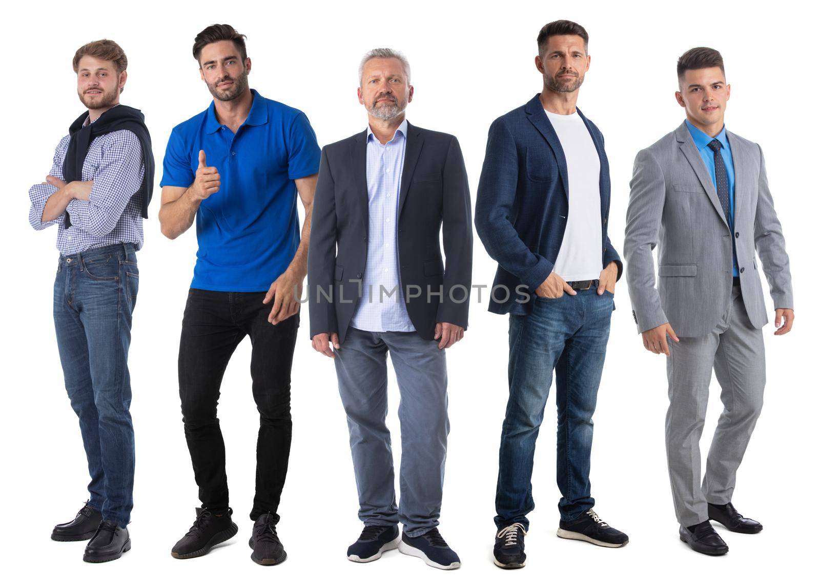 Group of business men in casual wear isolated on white background full length portrait