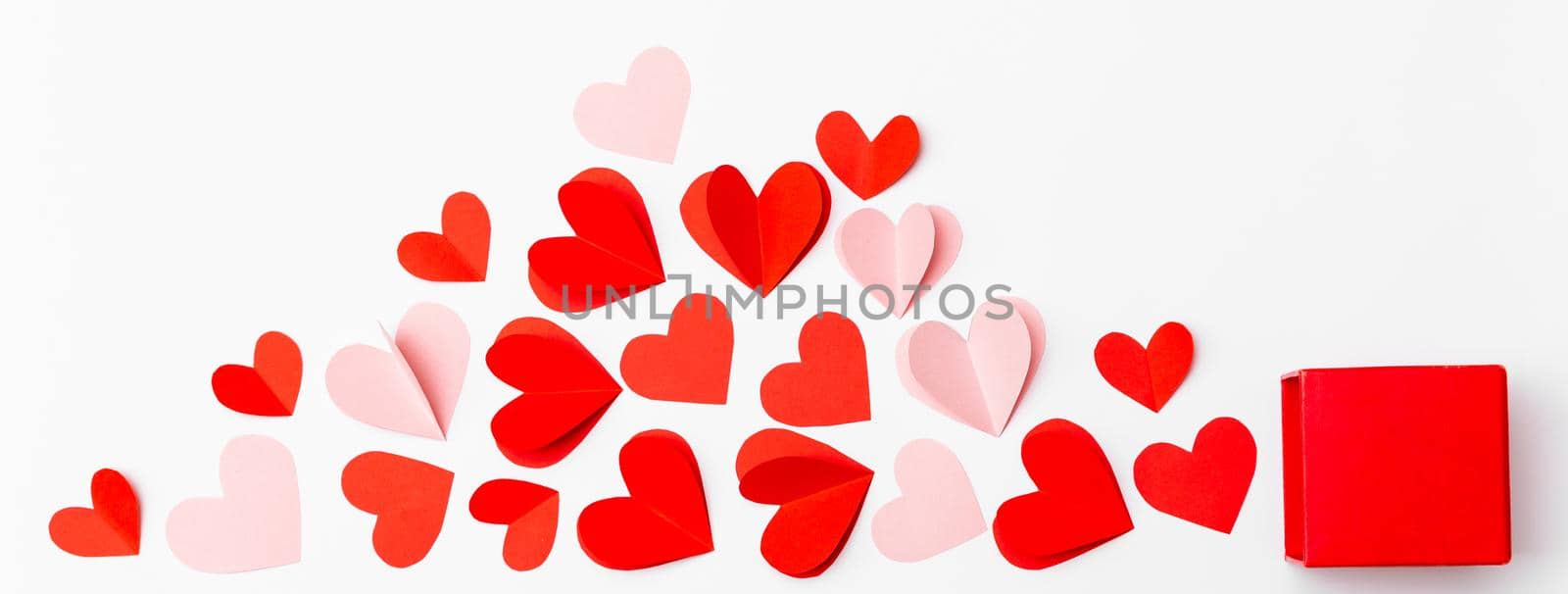 Valentine's Day background banner. Gifts, hearts on white. Concept of love, affection. Holiday card.