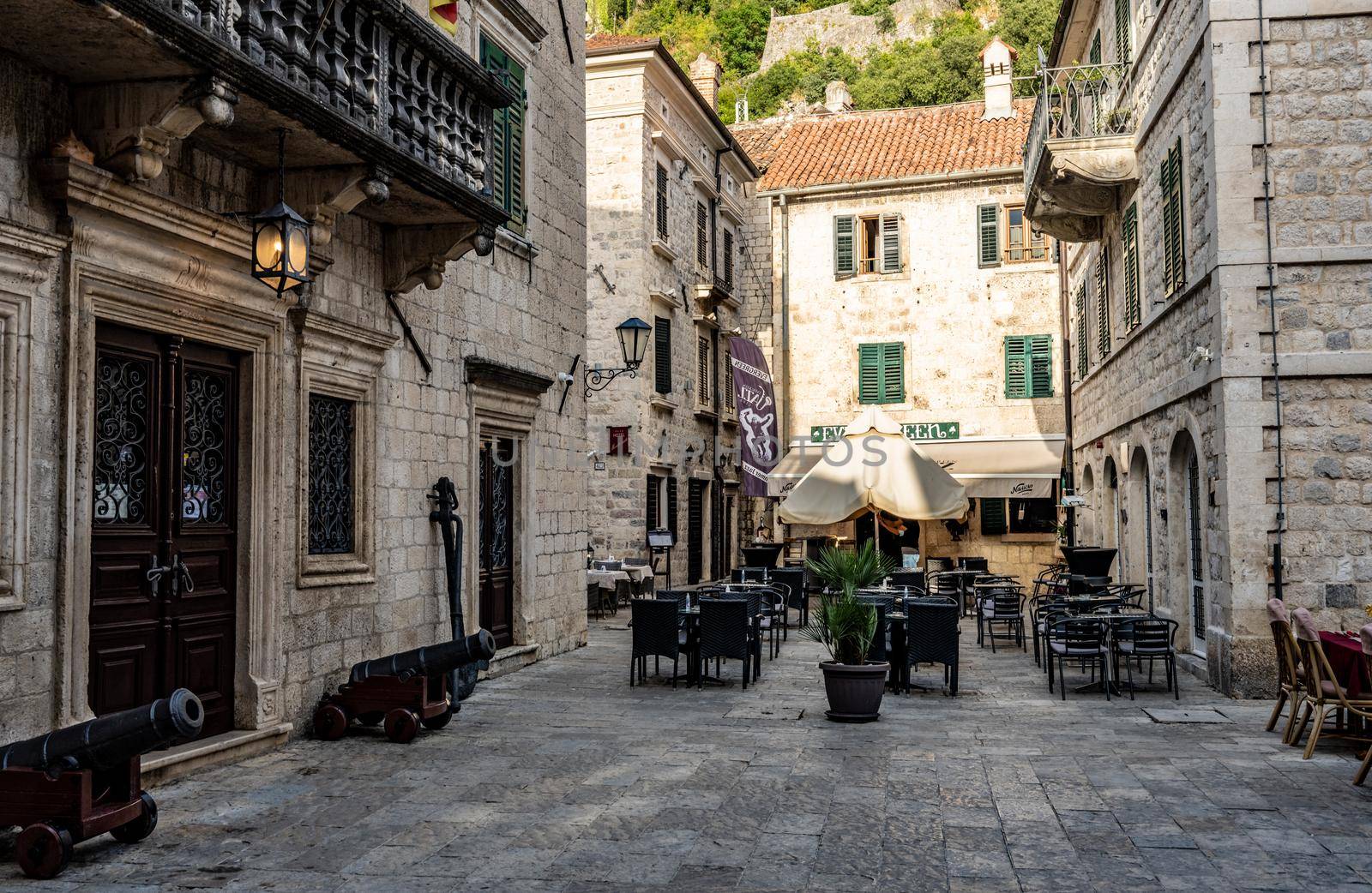Kotor, Montenegro - 27 June 2021: Kotor, Montenegro in summer with no tourists. Beautiful ancient town with old buildings in Europe