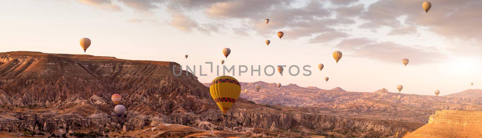 Panoramic view of hot air balloons flying during festival in Cappadocia, Turkey