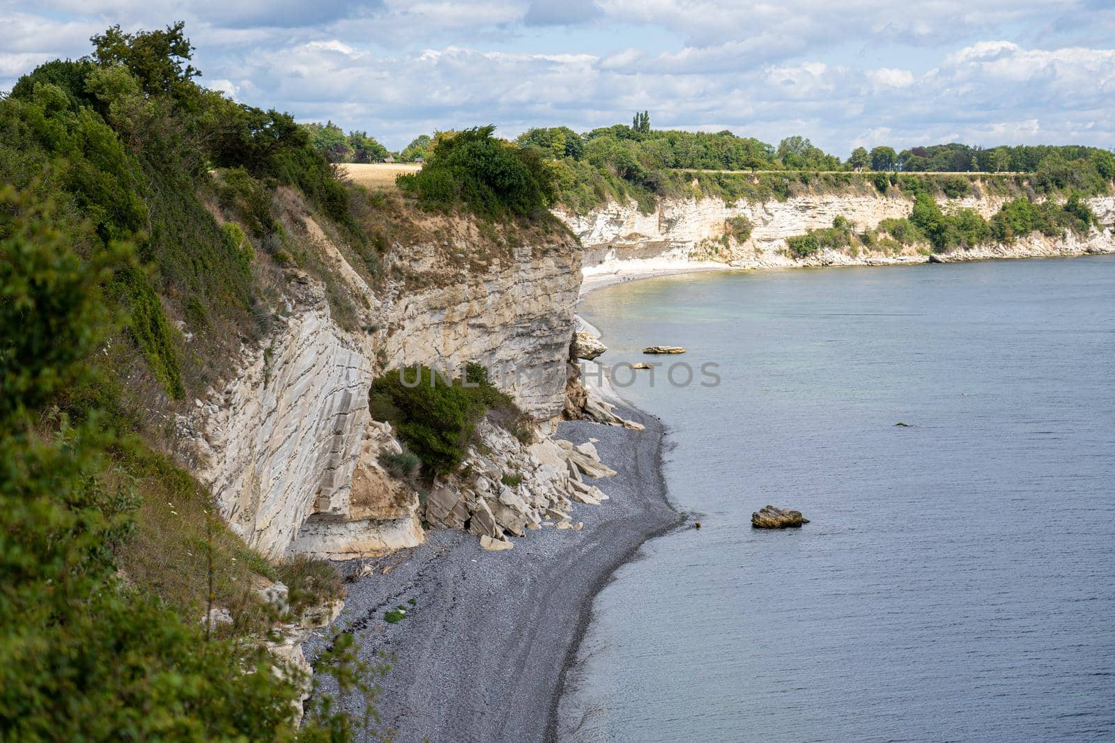 Hojerup, Denmark - July 21, 2020: View of the coastline at Stevns Klint cliff