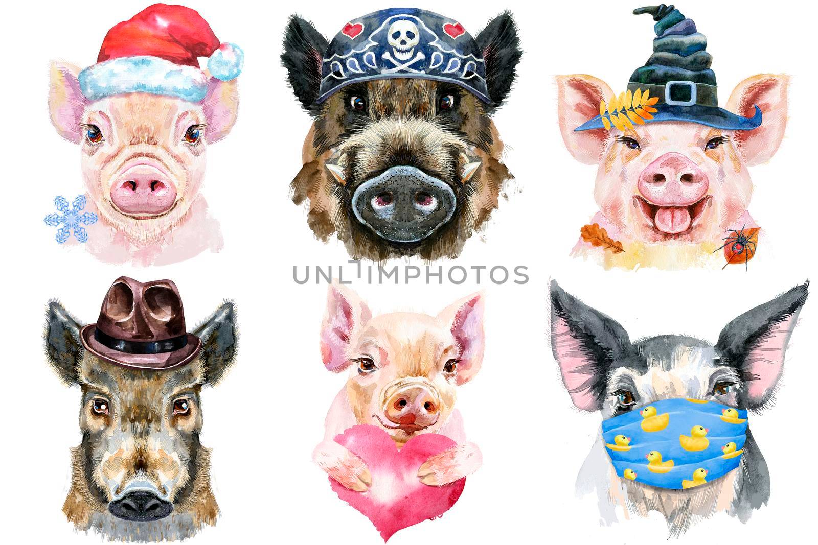 Watercolor illustration of pigs in Santa hat, bandana, witch hat, brown hat, protective medicine mask, with red heart