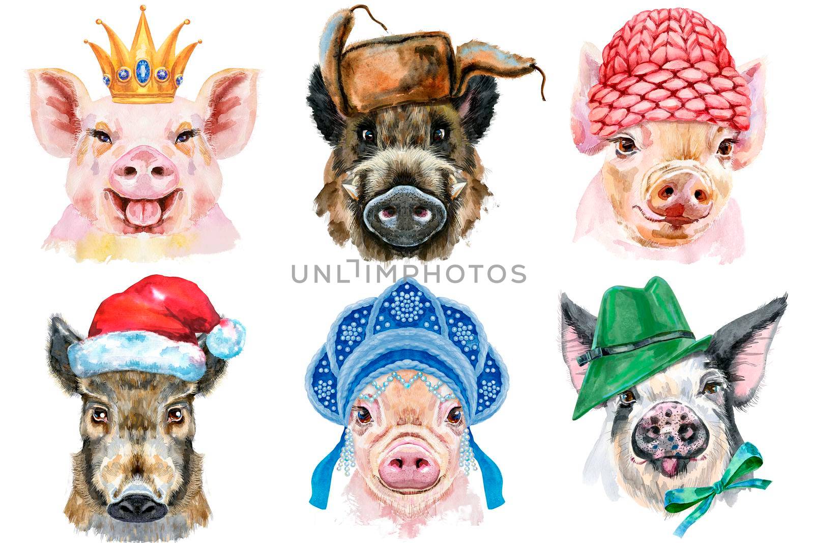 Watercolor illustration of pigs in Santa hat, Russian kokoshnik, green hat, pink winter hat and gold crown