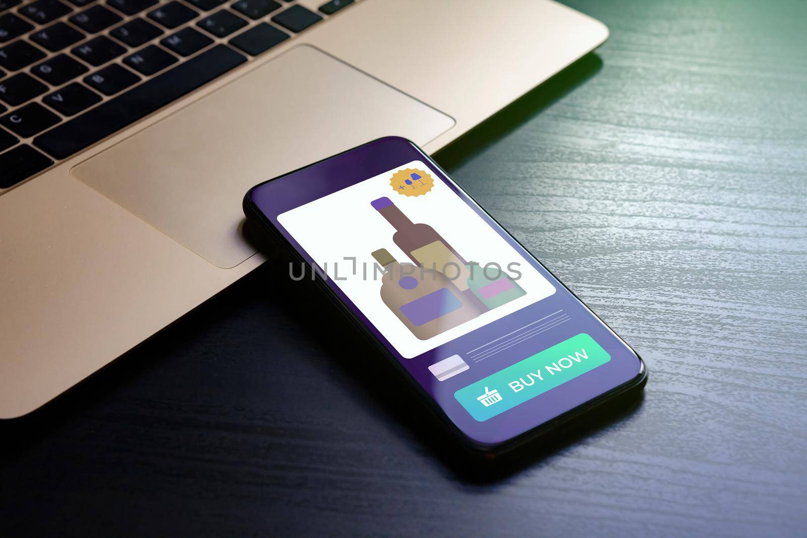 Alcohol Delivery Service concept. E-commerce remote ordering of wine, cognac, vodka, whiskey, rum by mobile phone in alco shop store.