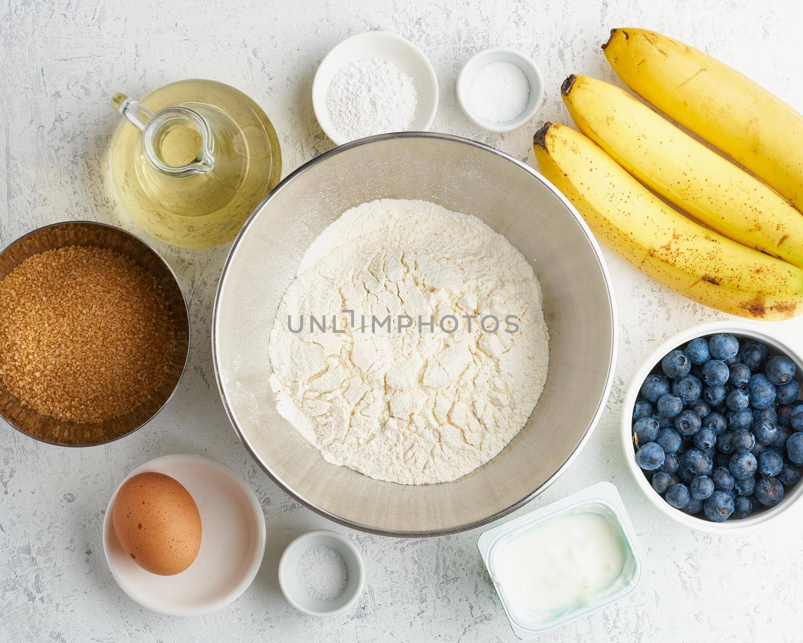 Ingredients for Banana bread. Step by step recipe. Step 1. Banana, flour, egg, oil, a sugar.