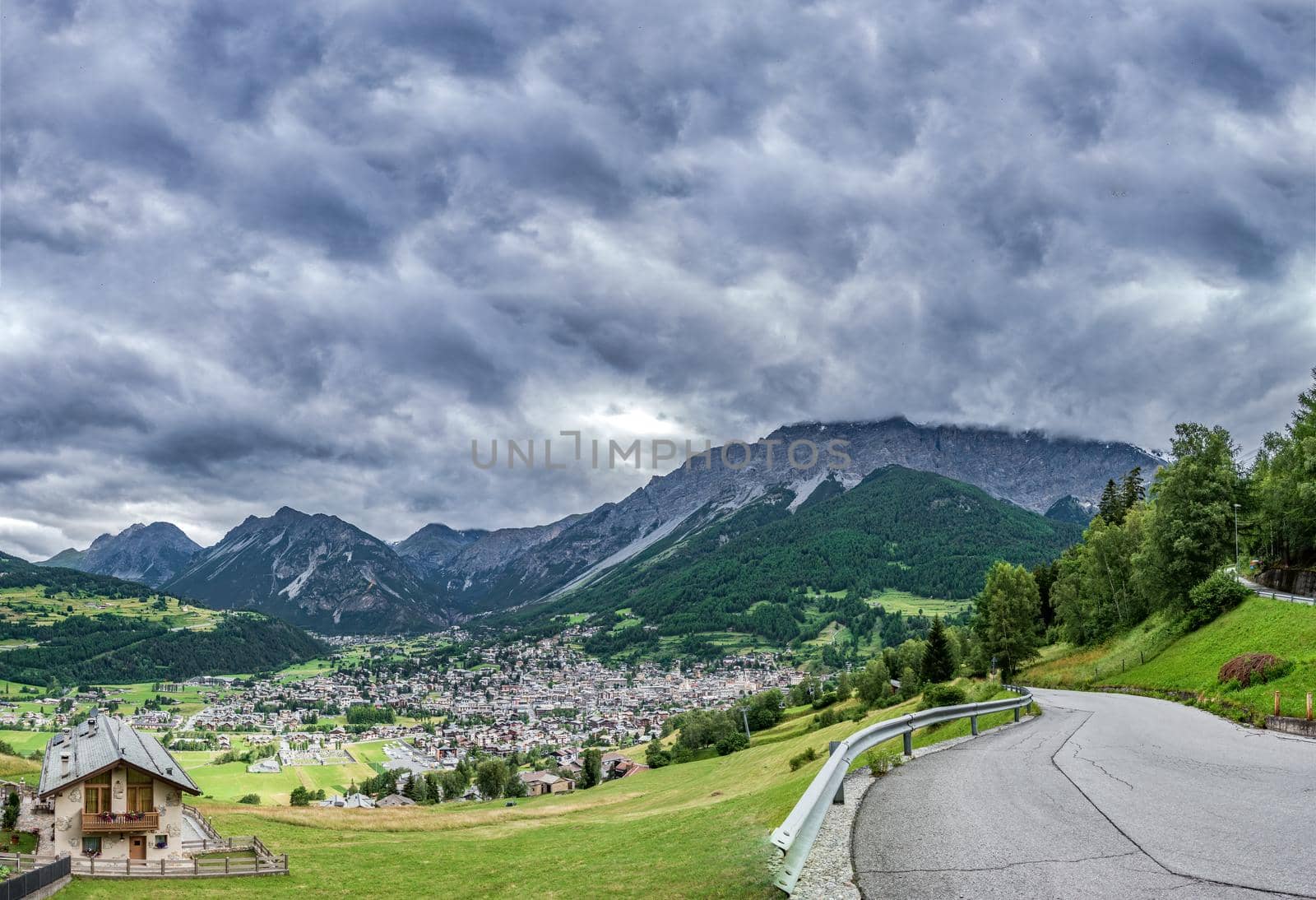Bormio city in the valley near Stelvio Pass, Dolomites, Italy