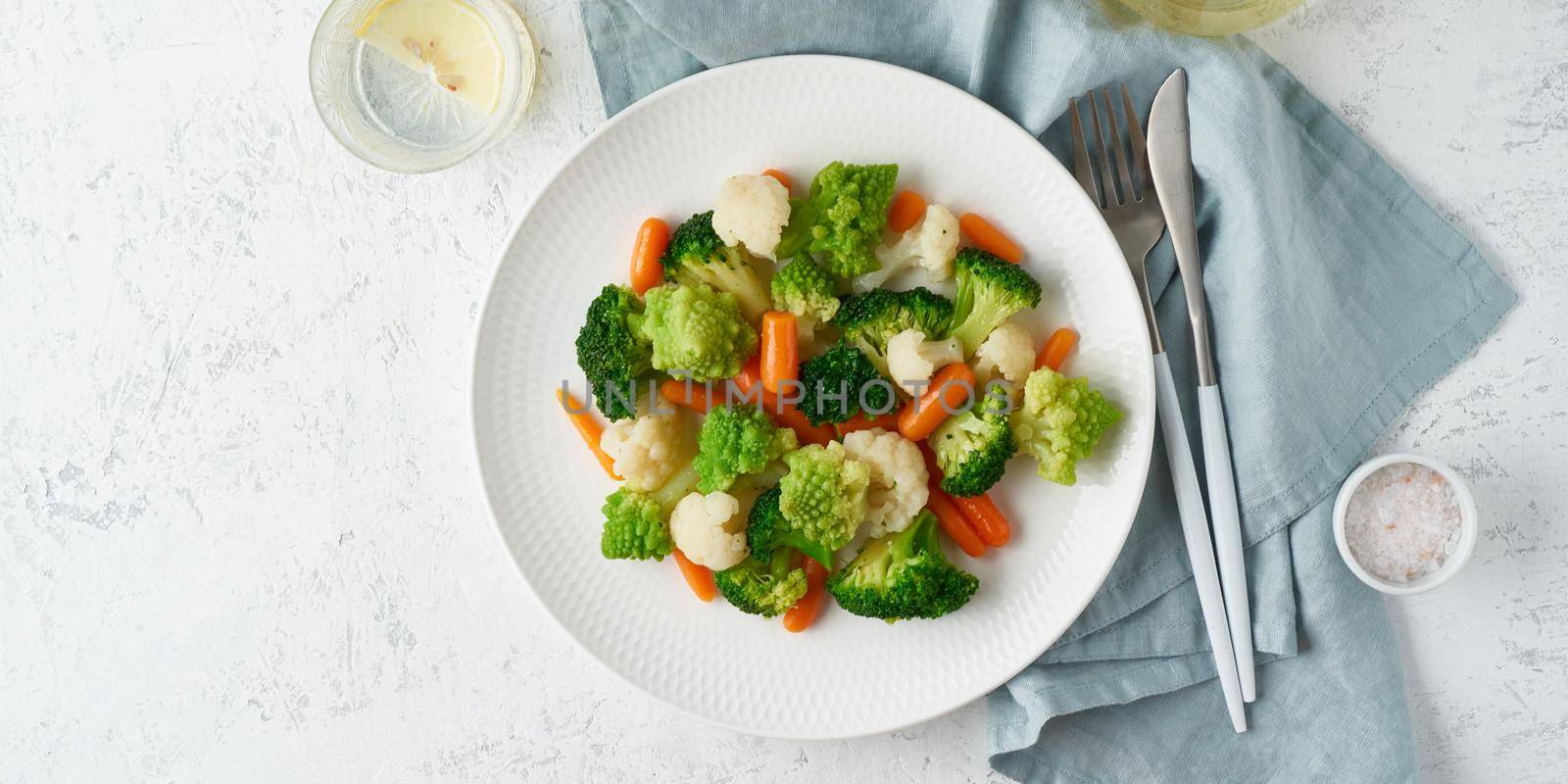 Mix of boiled vegetables. Broccoli, carrots, cauliflower. Steamed vegetables for low-calorie diet by NataBene