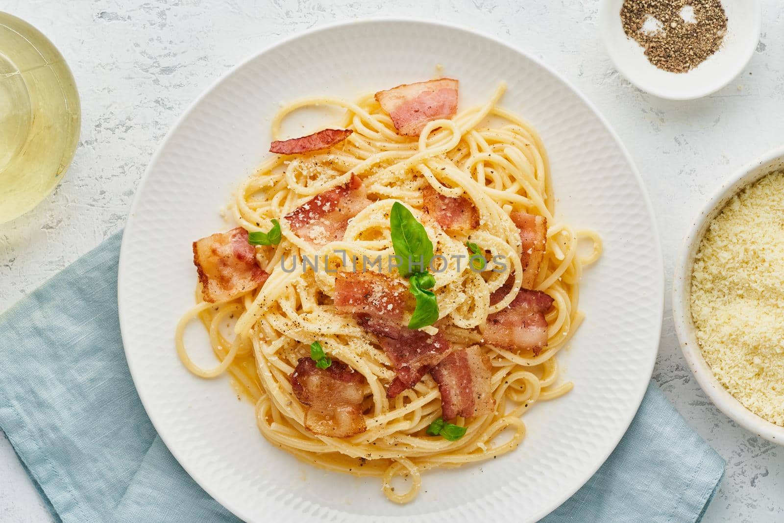 Carbonara pasta. Spaghetti with pancetta, egg, parmesan cheese and cream sauce by NataBene