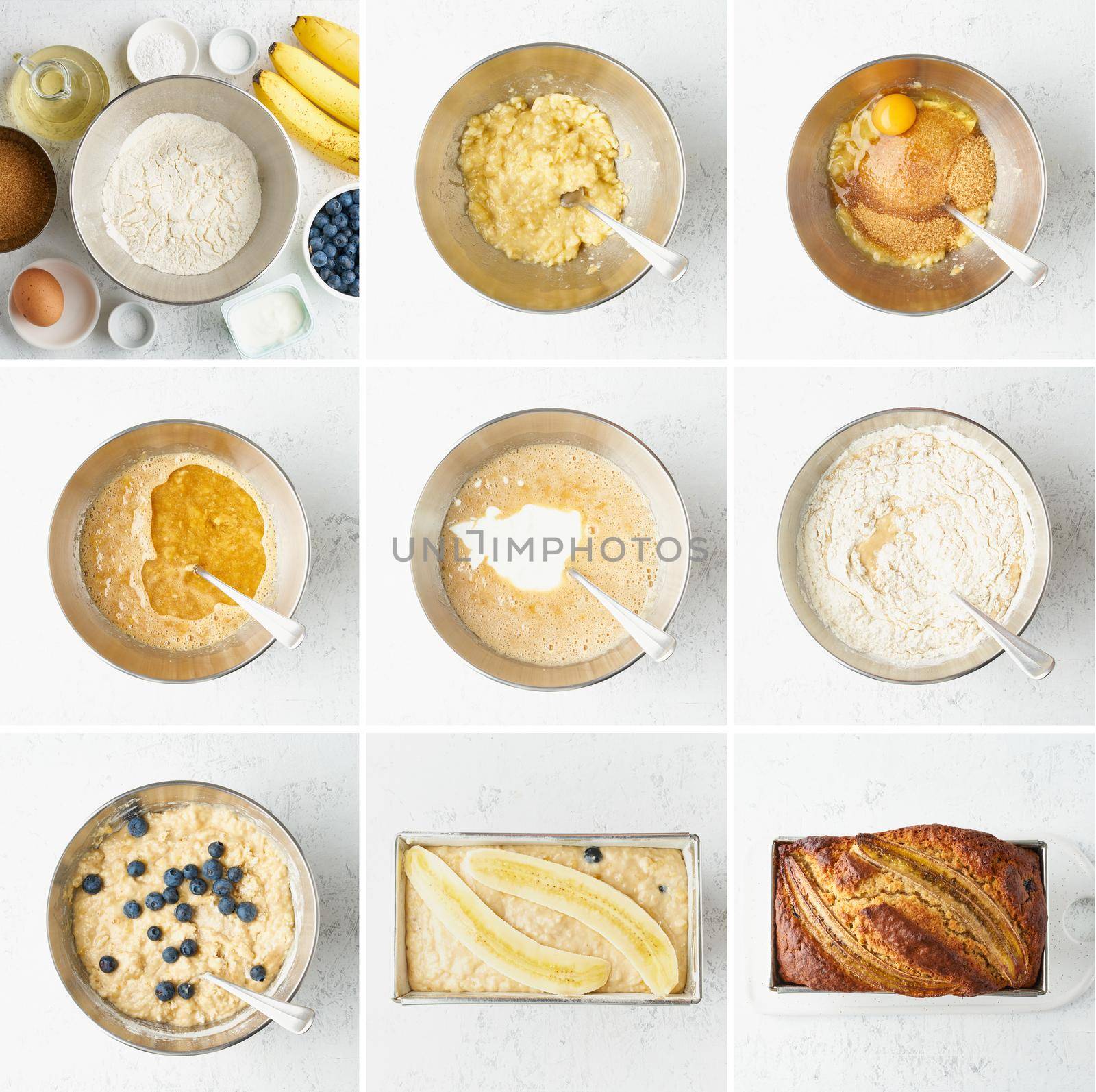 Banana bread. Collage, step by step recipe. Cake with banana and blueberries. by NataBene