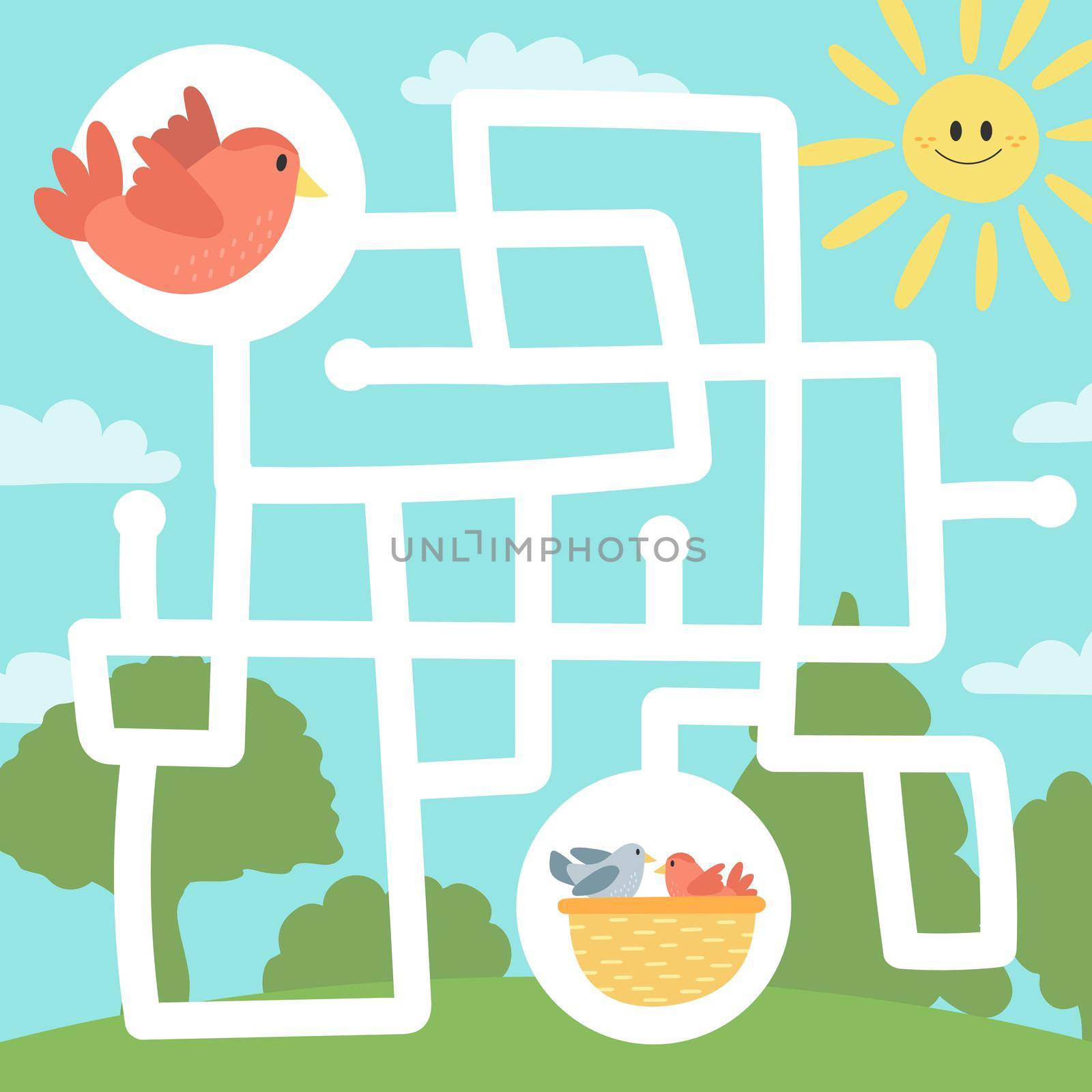 Maze game for children, education worksheet. Bird and nest with chicks by natali_brill