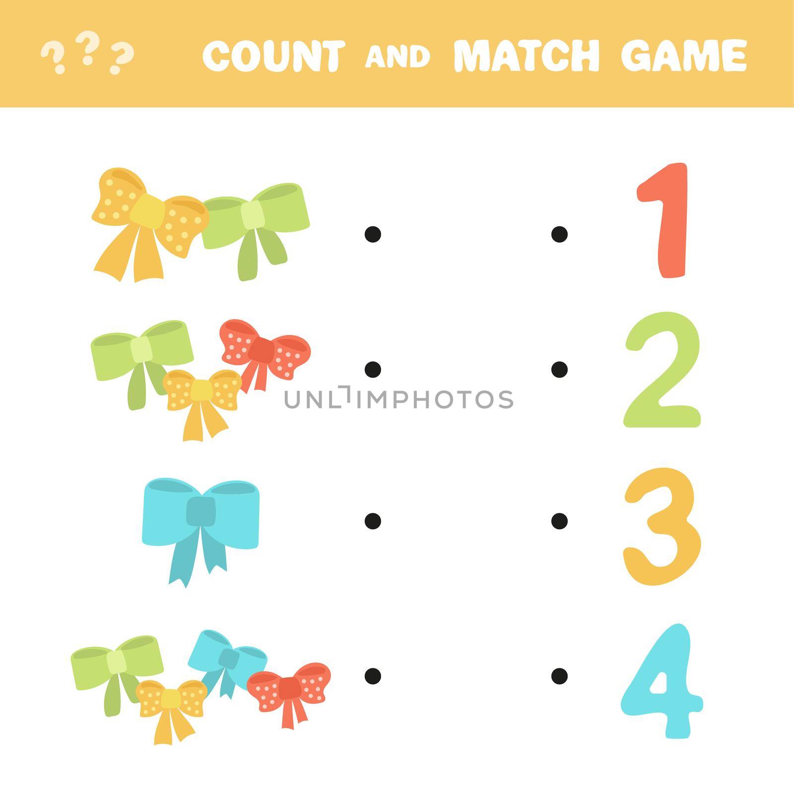 Counting game, count the number of ribbon and connect with the result. Educational children game, printable worksheet, vector illustration