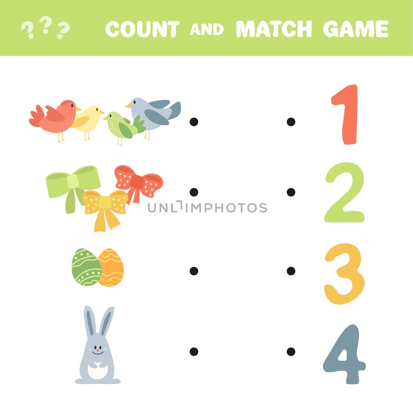 Count how many items. Vector Easter characters. Educational game. Cute Easter rabbit, birds, eggs, bows.