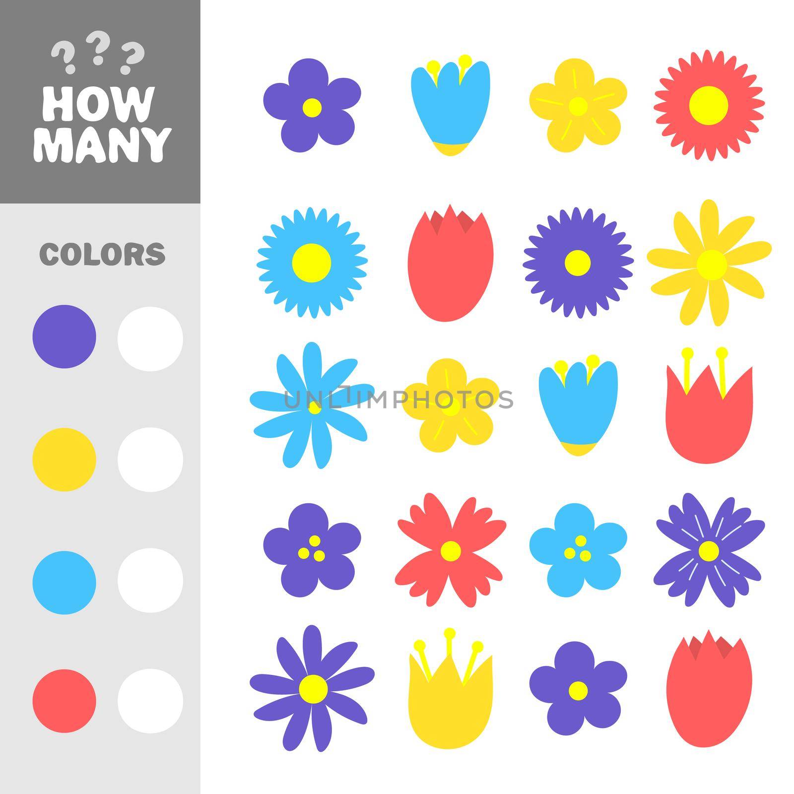 Educational maths game for children. How many flower with specific colors. Preschool worksheet activity. Children funny riddle entertainment