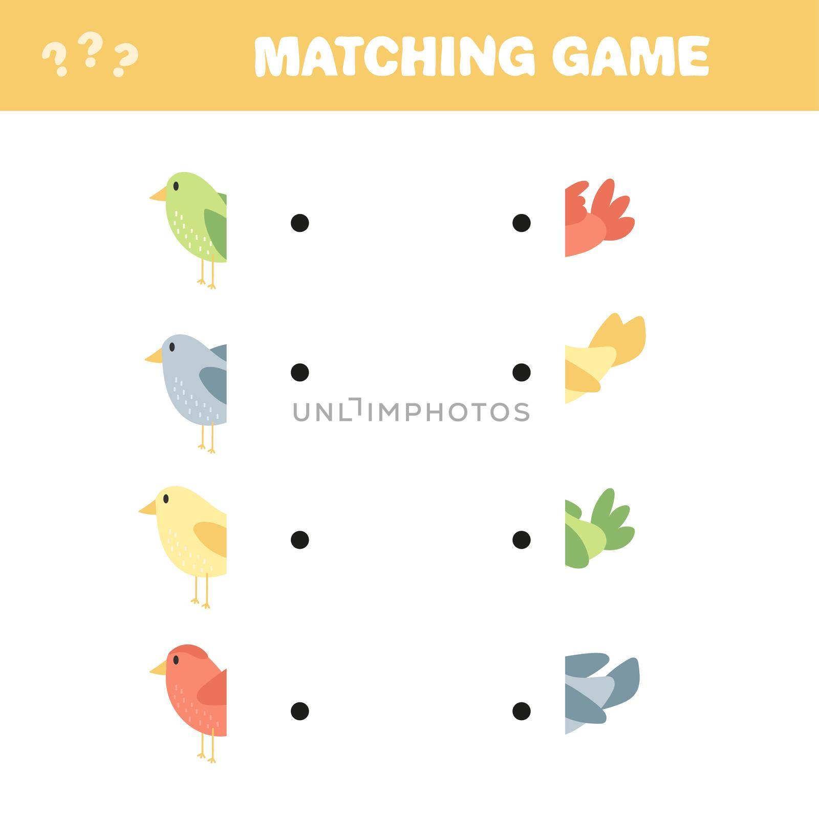 Puzzle game for kids. Activity page. Connect the parts of the picture - birds. Isolated vector illustration. Cartoon style.
