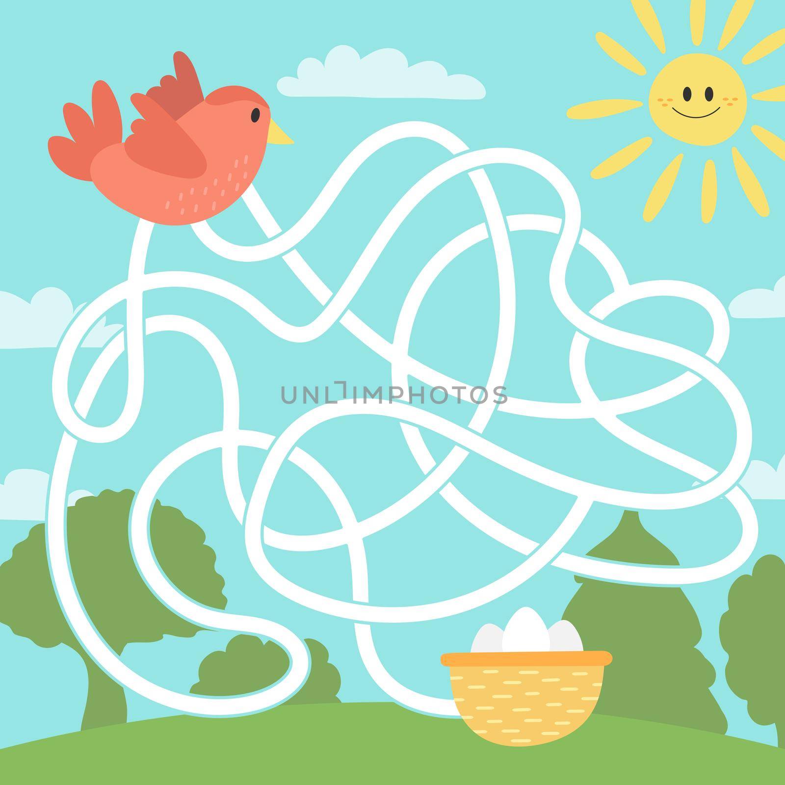 Maze game for children, education worksheet. Bird and nest with eggs by natali_brill