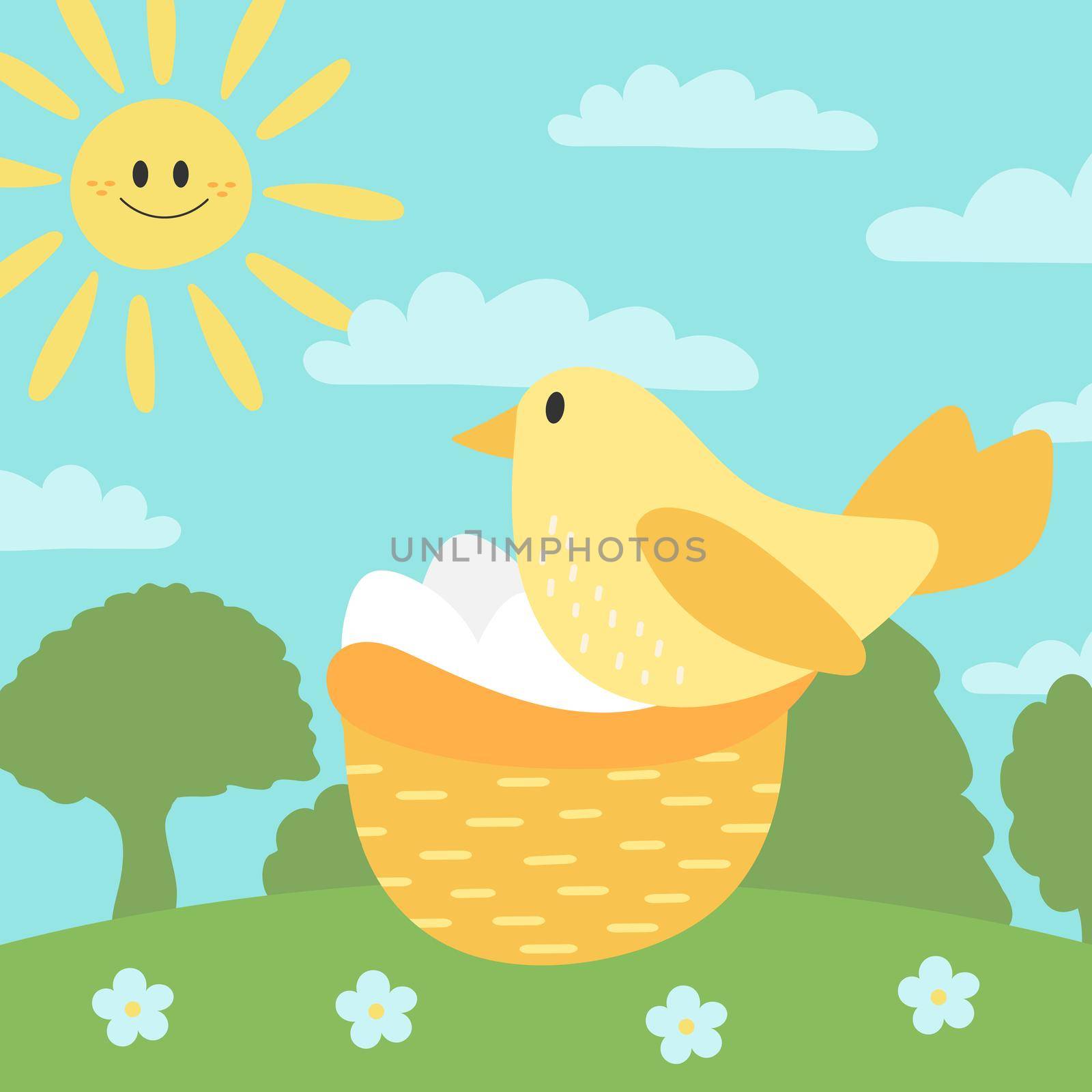 Cute bird with eggs in the nest in the natural background with flowers and trees. Happy little bird, springtime. Cartoon character, hand drawn vector