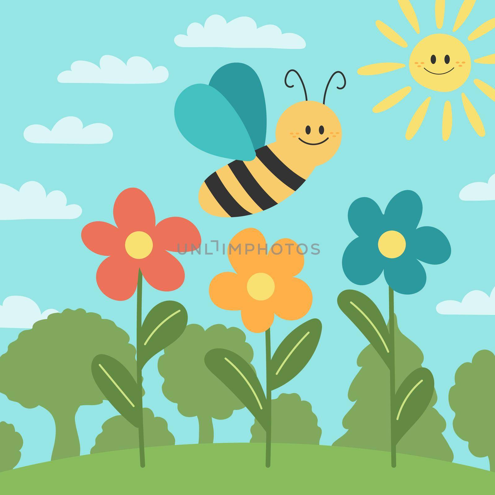 Cute bee in the natural background with flowers and trees. Vector for kids by natali_brill