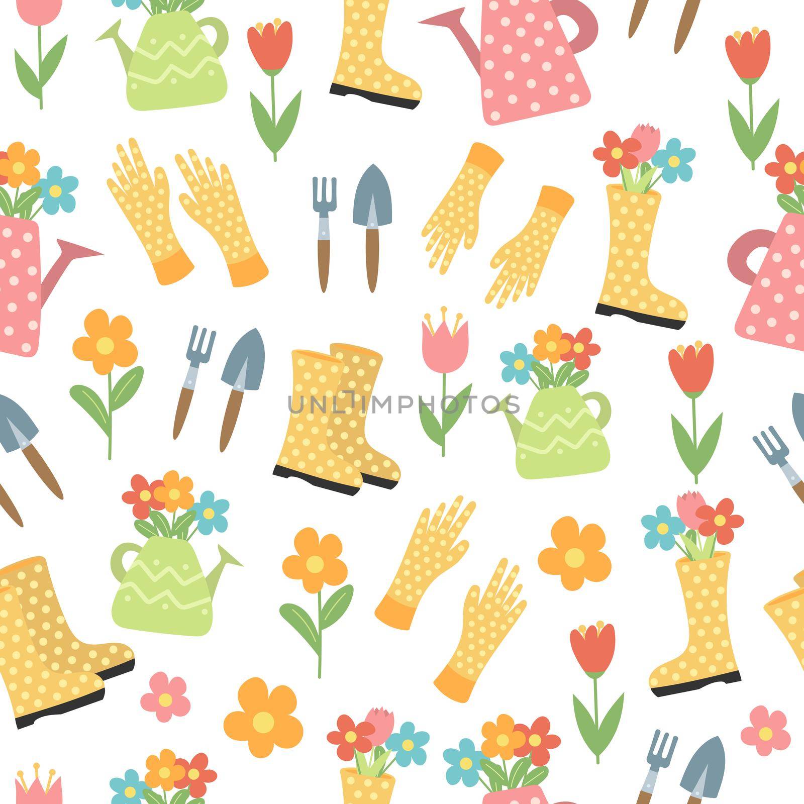 Seamless pattern with flowers, rubber boots, tools. Gardening design on white