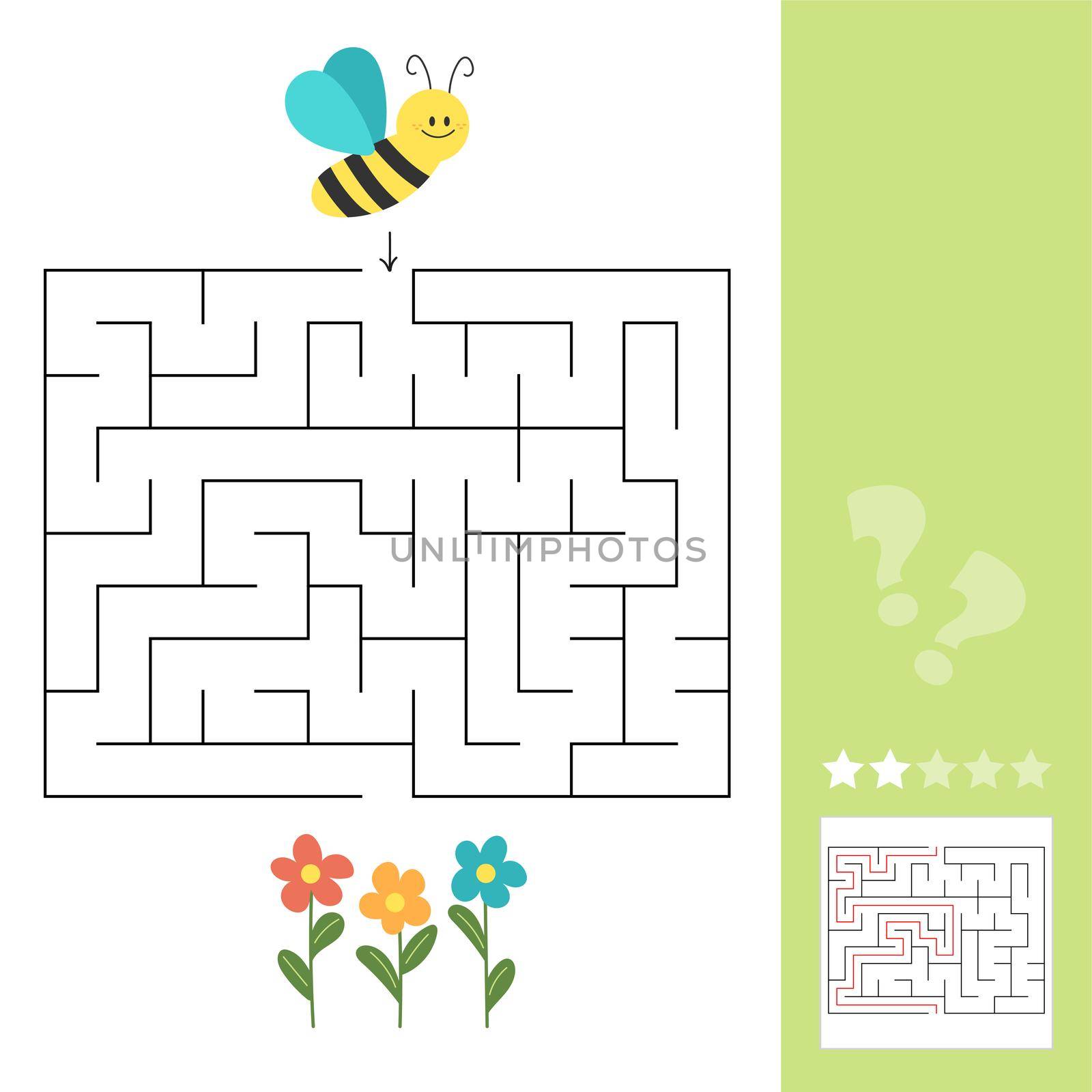 Maze puzzle for children. Help bee find flower. Kids activity sheet. Educational game. Insects theme worksheet