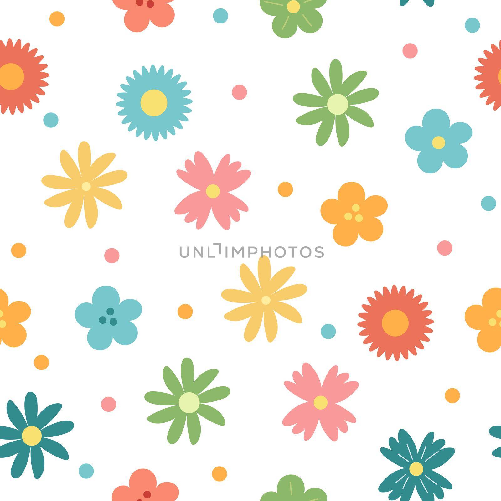 Simple spring flowers - seamless vector pattern on white. Hand drawn cartoon style