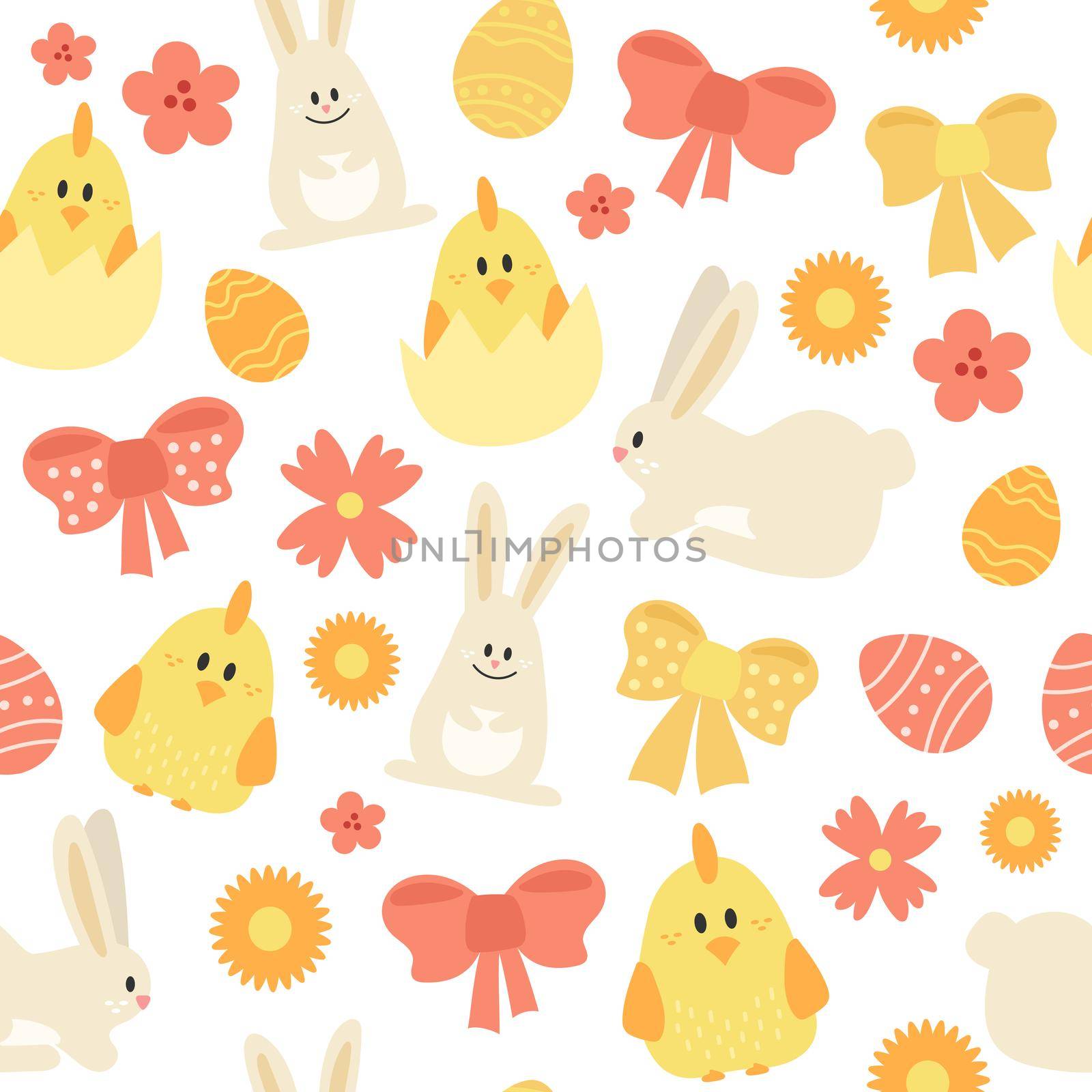 Seamless pattern with Easter eggs, chickens and bunnies. Easter design on white background. Red and yellow colors
