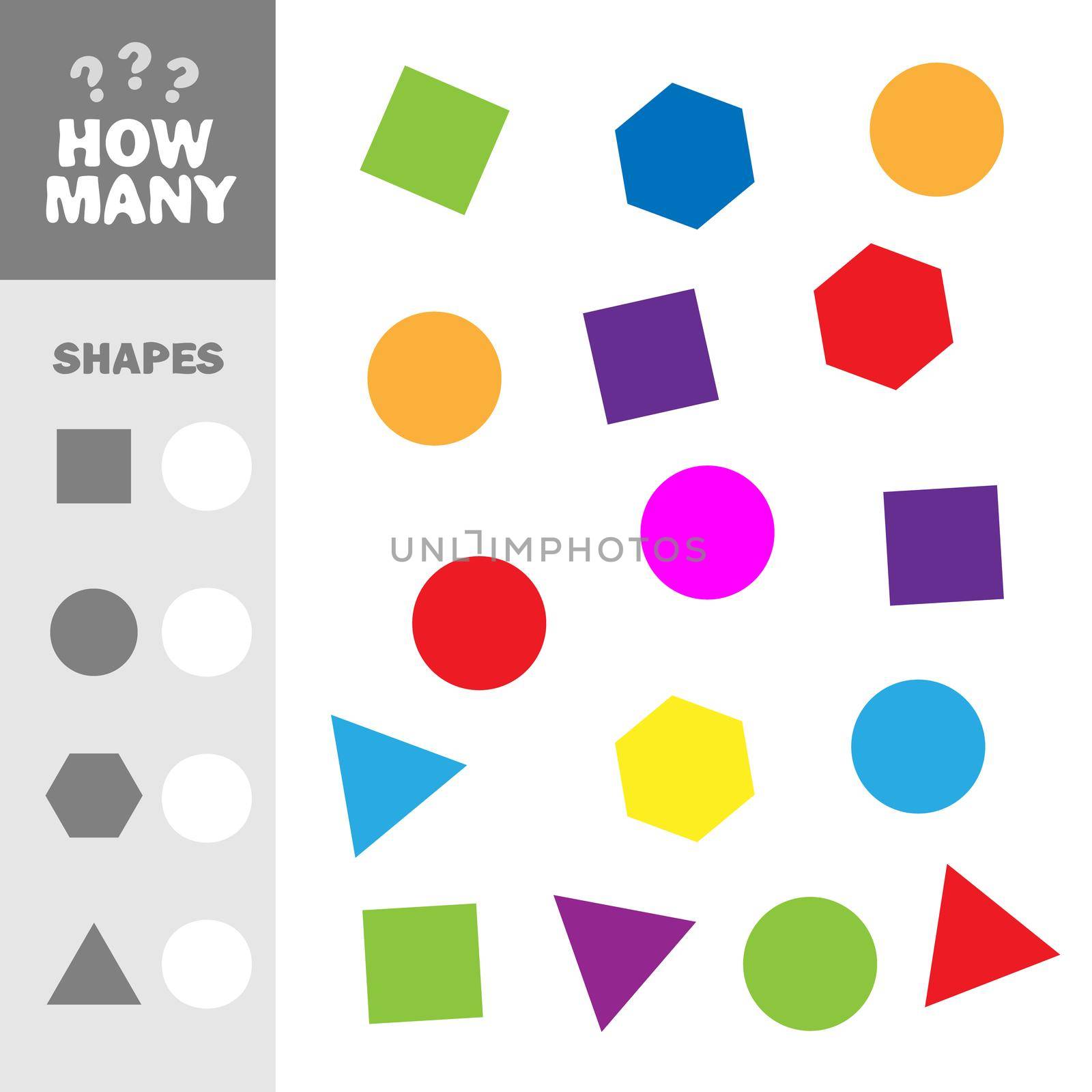 Counting game with simple geometric shapes for kids, educational maths task for development of logical thinking. How many elements with shapes