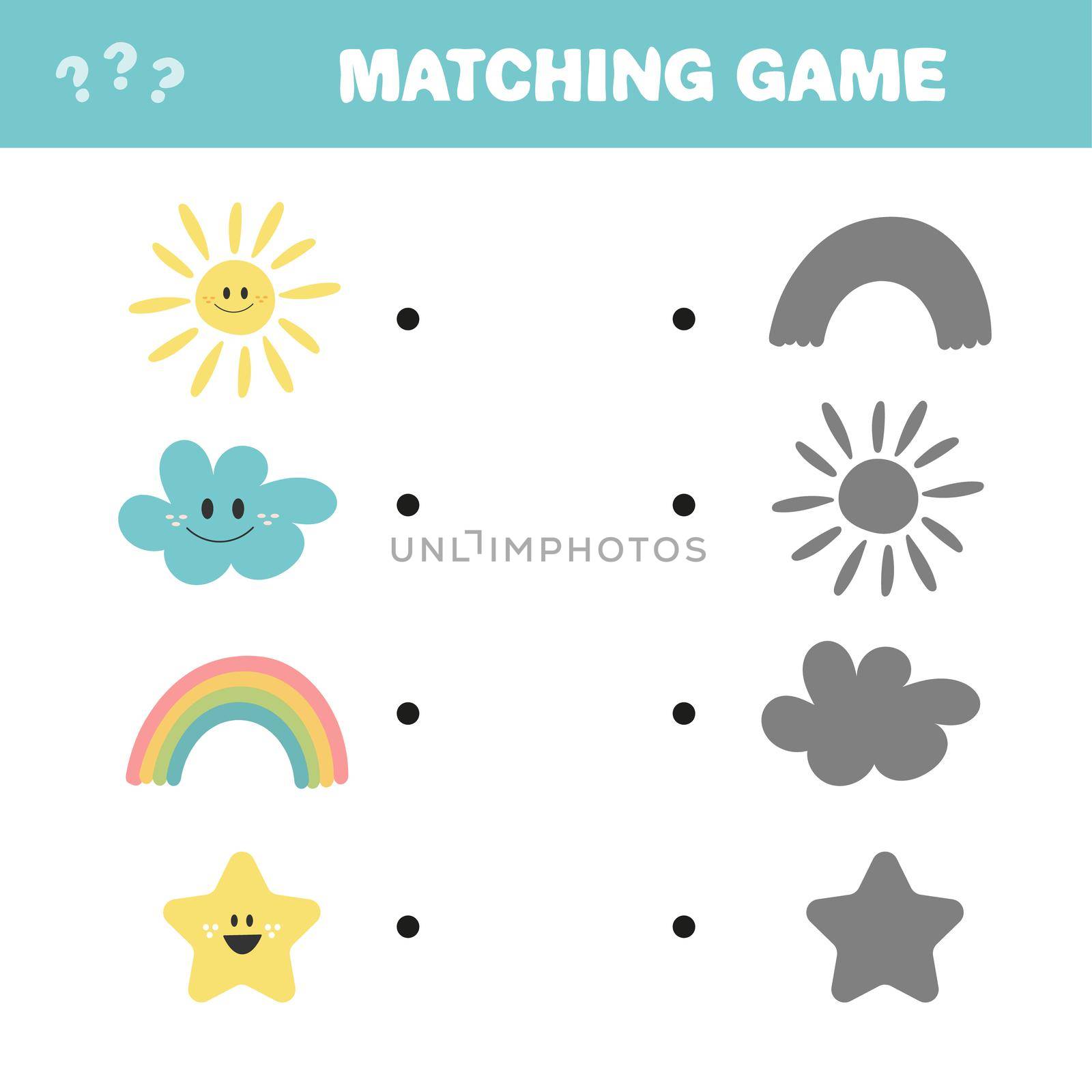 Educational game for children. Find the correct shadow. Mini-game for children with cute sun, cloud, rainbow, star