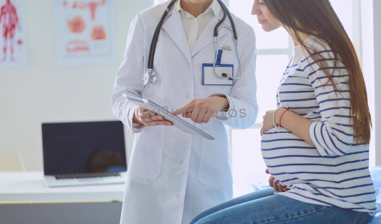 Beautiful smiling pregnant woman with the doctor at hospital.