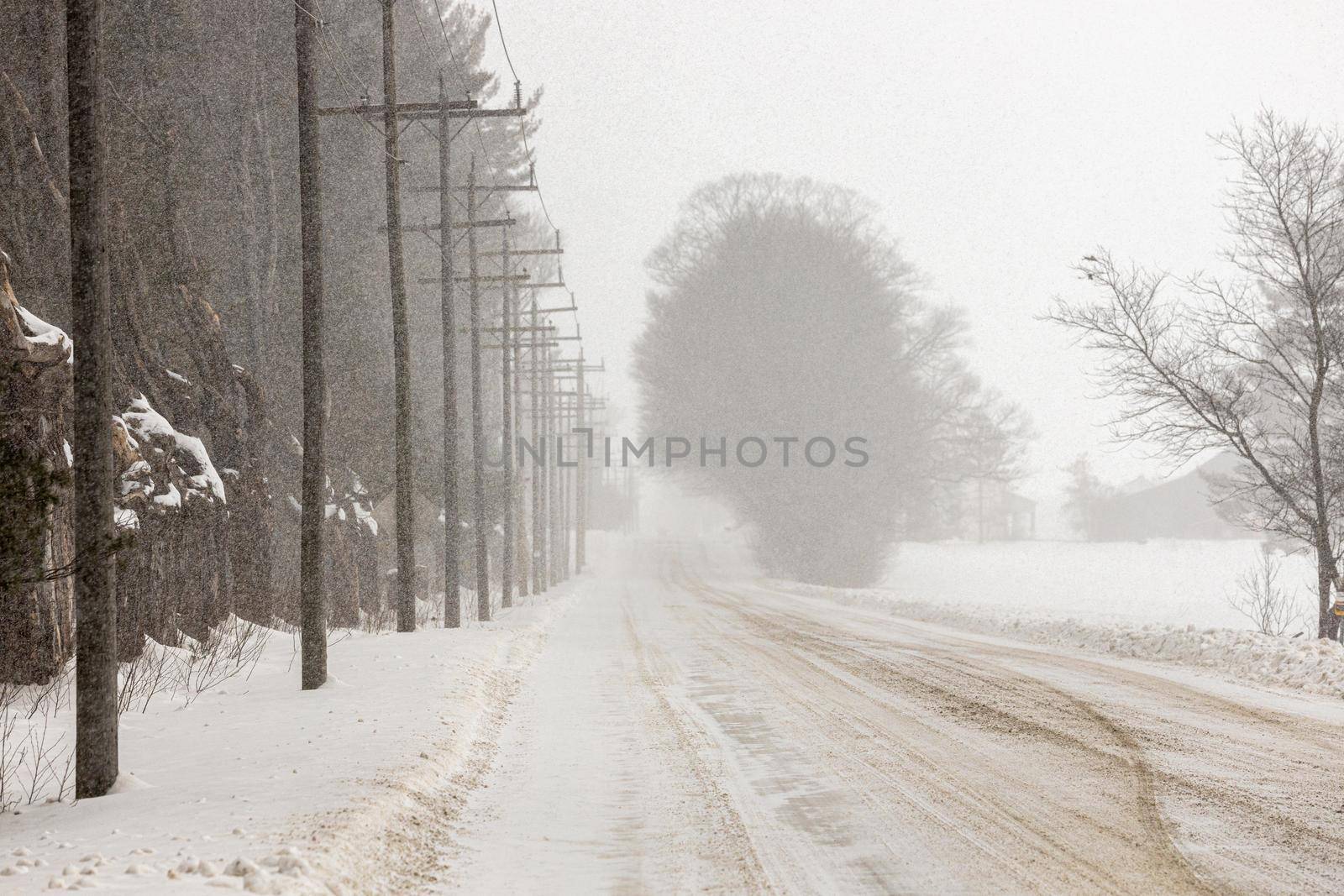 Snow Squall Conditions on a Country Road in Ontario Canada by markvandam