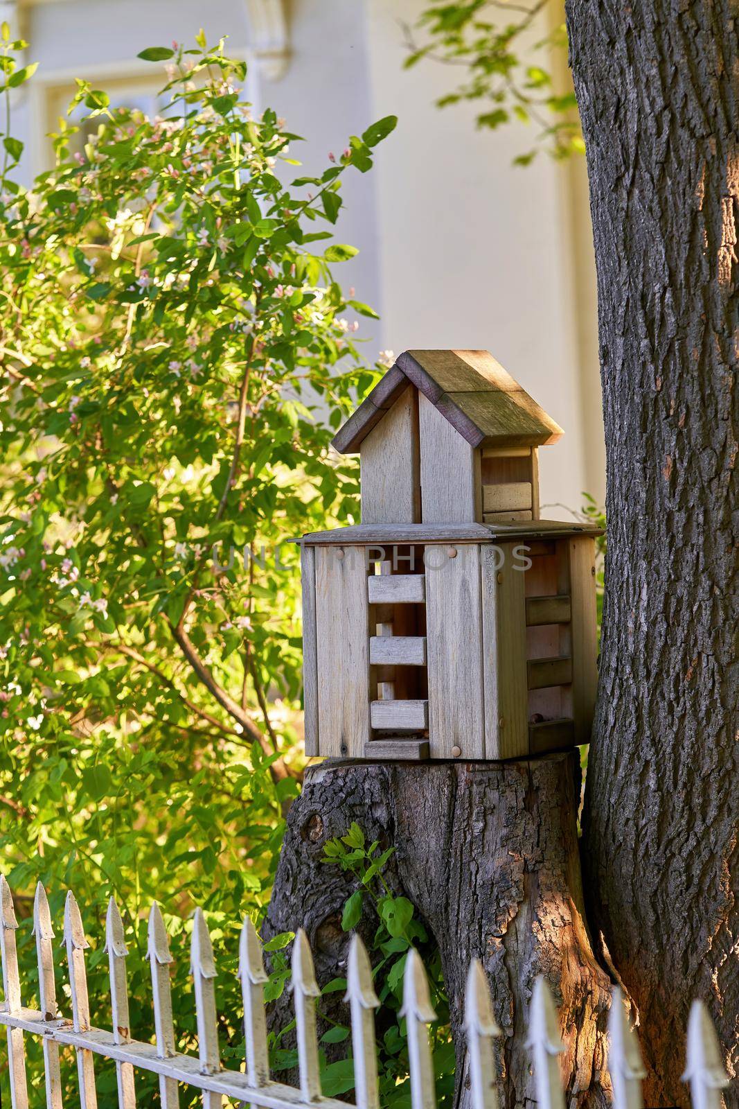 Multi storey bird house on a tree stump in the park by vizland