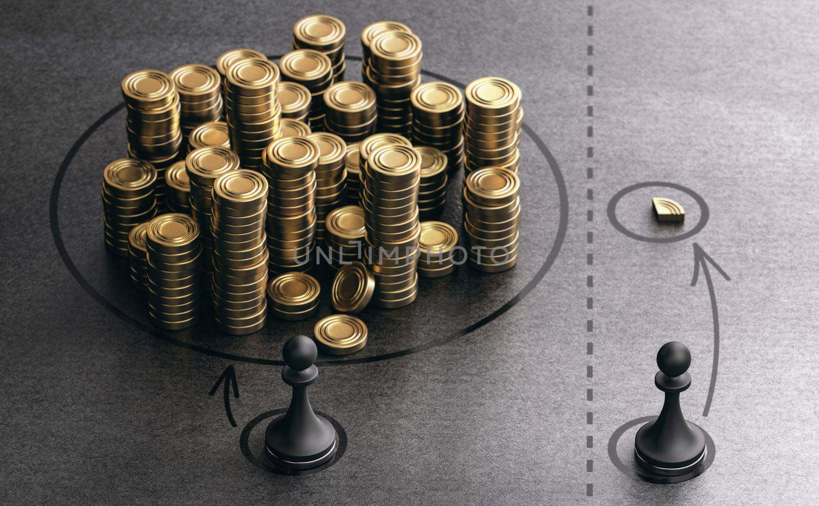 Two pawns and symbolic golden coins over black background. Concept of economic or income inequality and economic gap between rich and poor. 3D illustration.