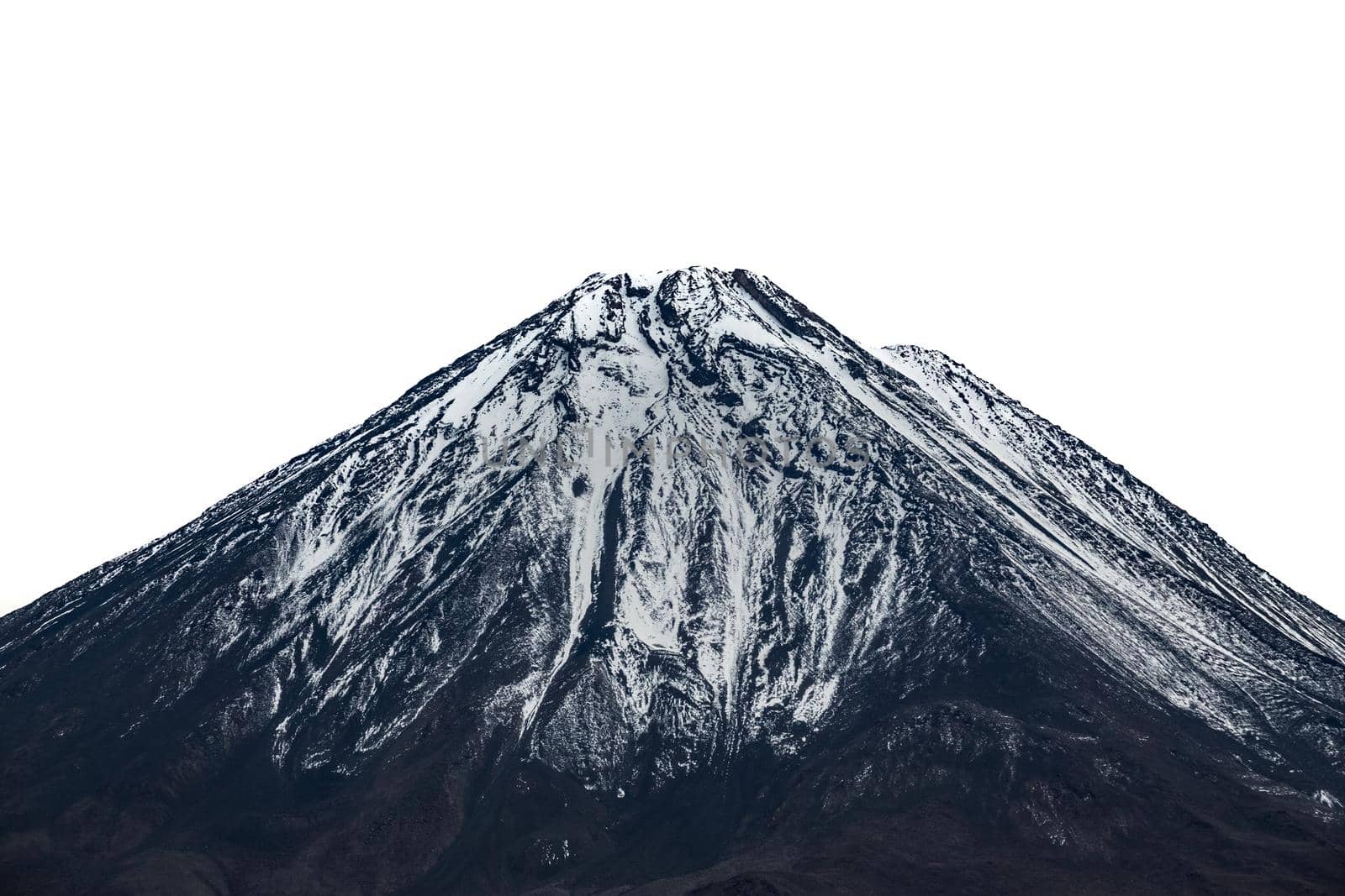 High volcano mountain peak with snow under clear white sky