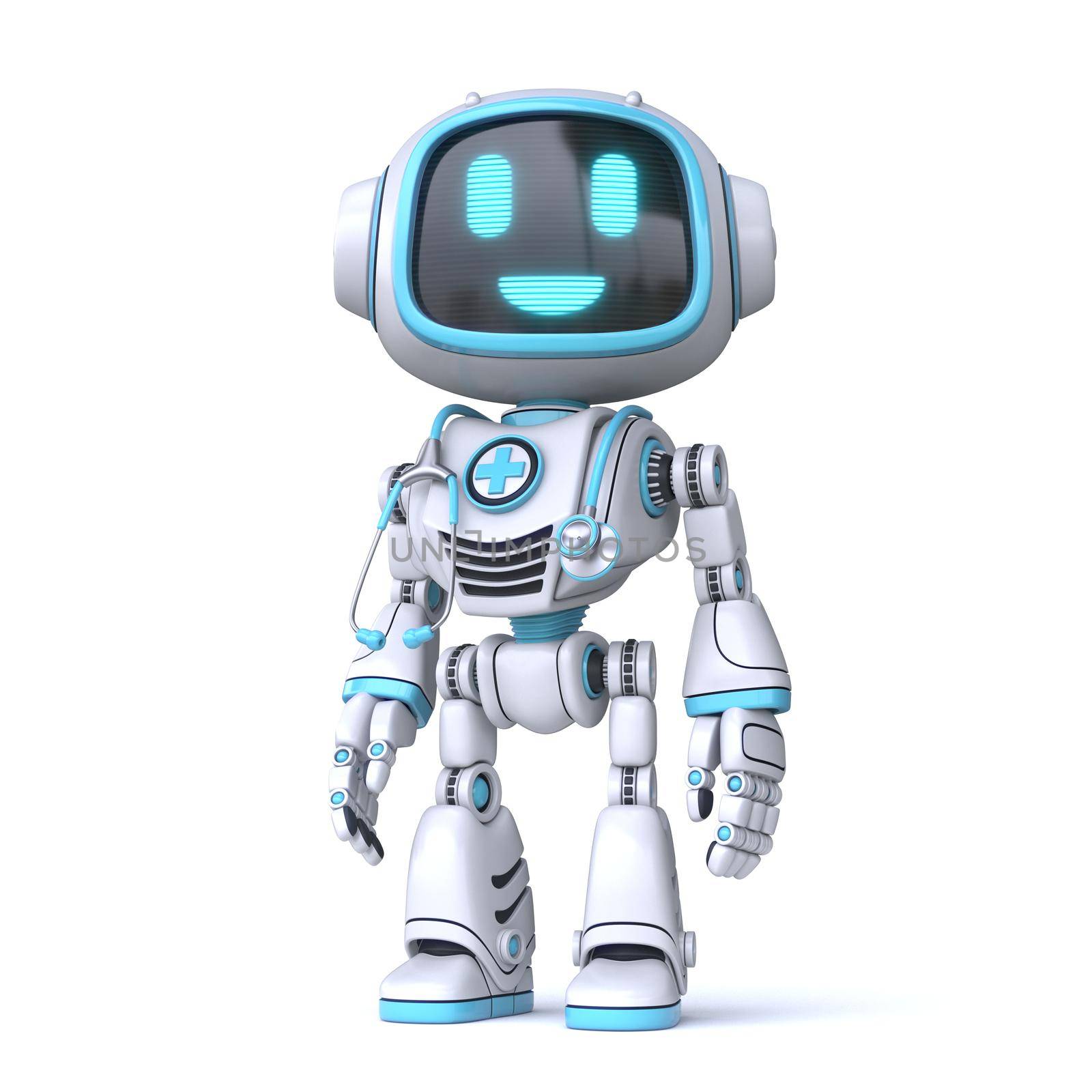 Cute blue robot doctor with stethoscope 3D rendering illustration isolated on white background
